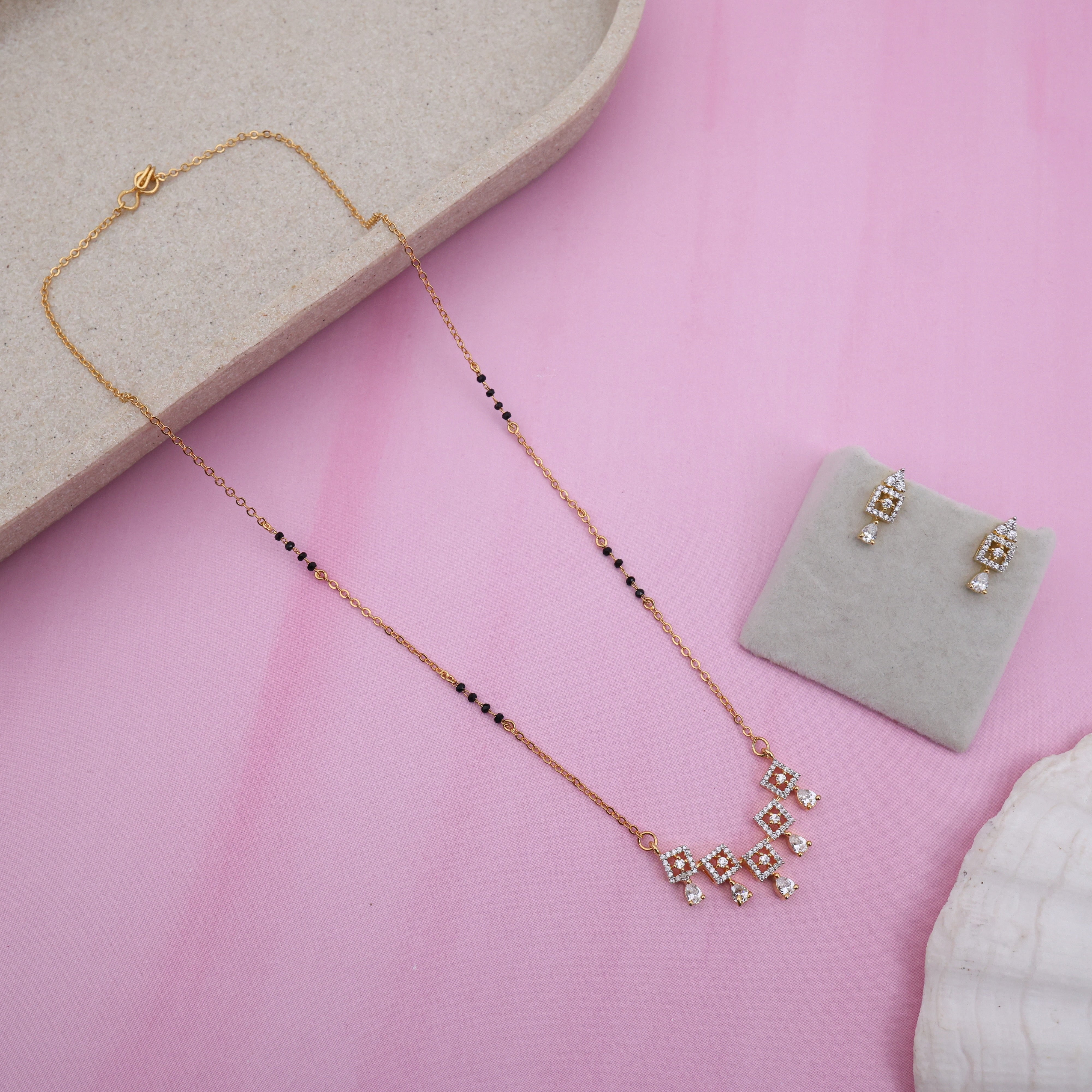 Gold Tone Five Square Pendant Mangalsutra Black Beads Chain Set