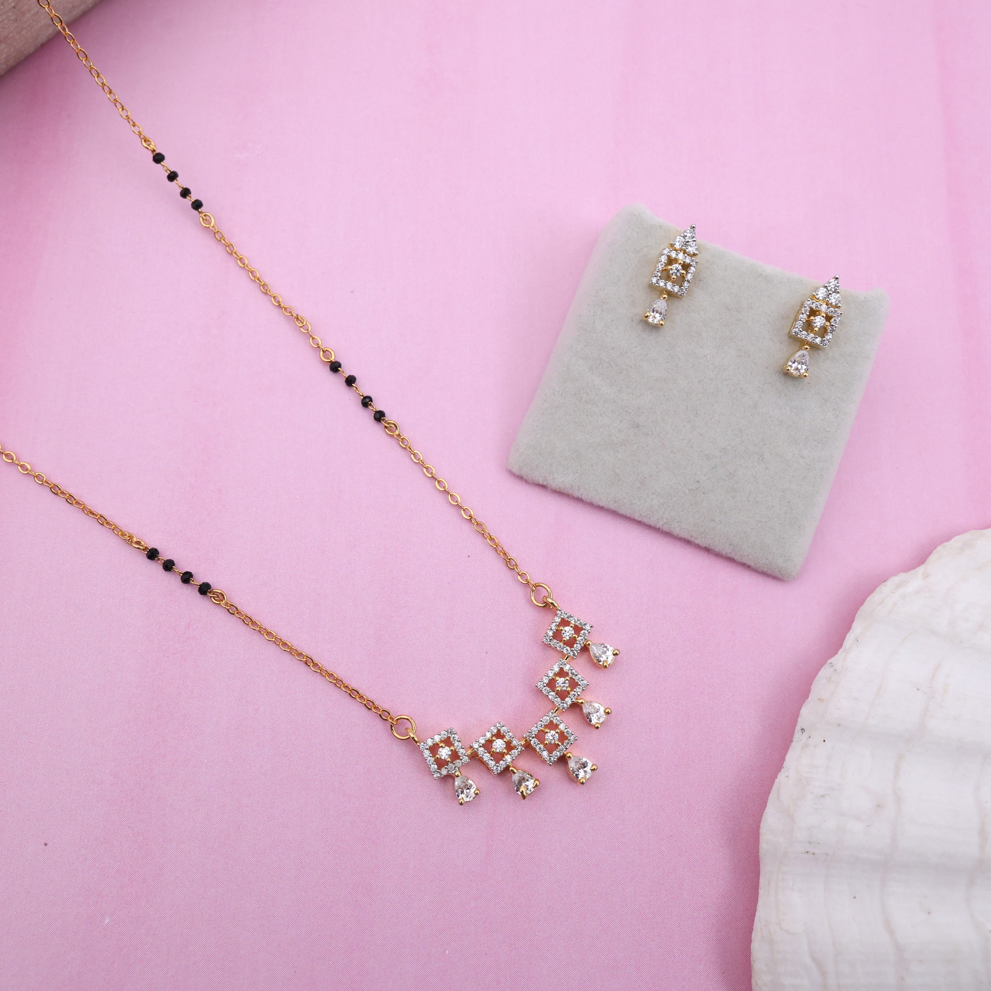 Gold Tone Five Square Pendant Mangalsutra Black Beads Chain Set