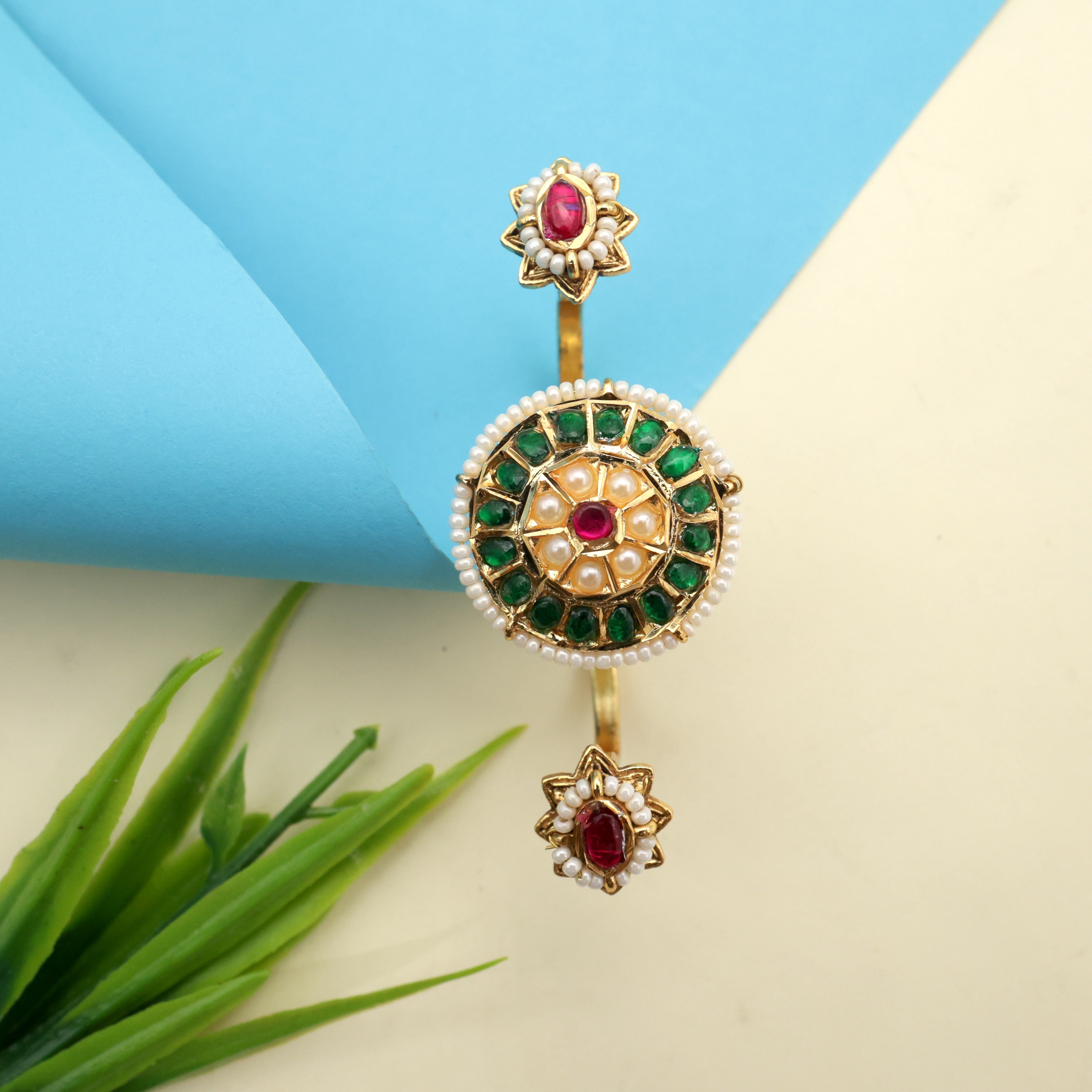 Pearl Outline Flower Chakri Jadau Kundan Bridal Double Finger Ring - Emerald, Ruby & White