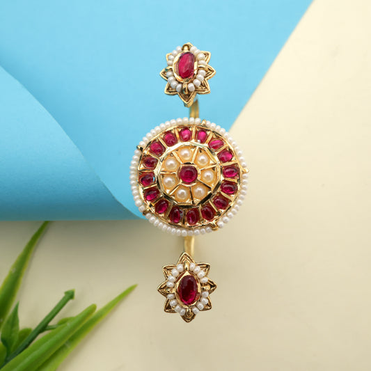 Pearl Outline Flower Chakri Jadau Kundan Bridal Double Finger Ring - Ruby & White