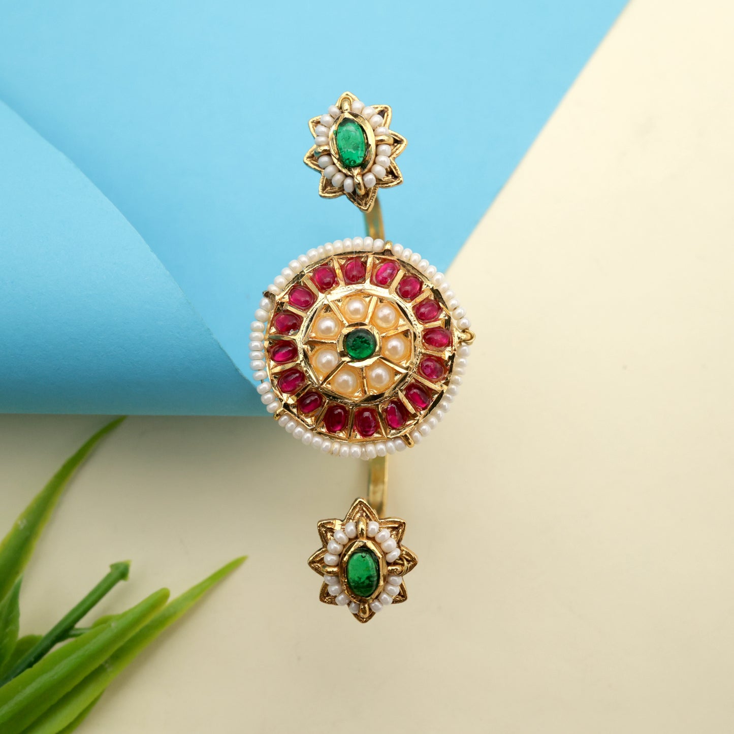 Pearl Outline Flower Chakri Jadau Kundan Bridal Double Finger Ring - Multi