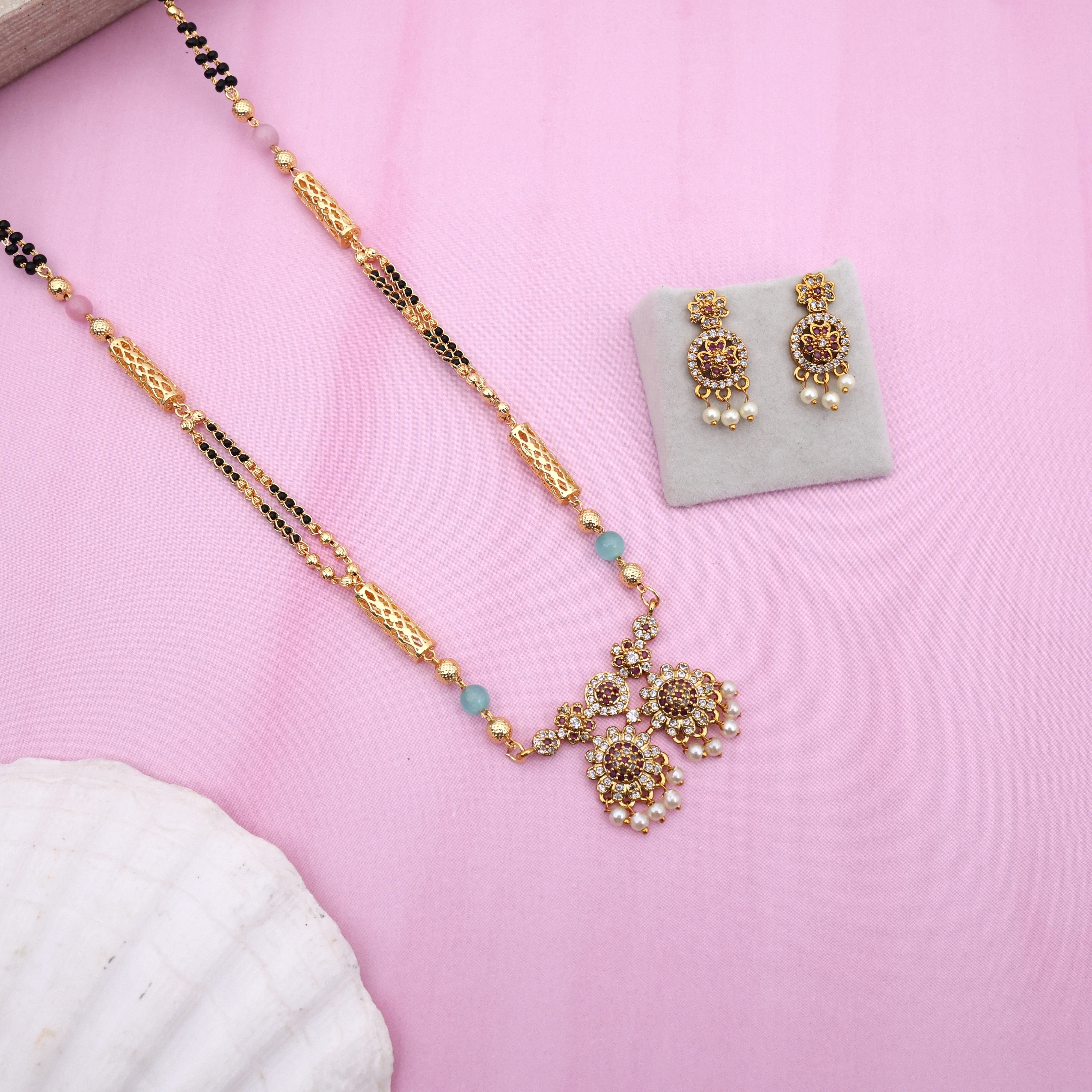 Gold Tone Premium Mangalsutra Black Beads Chain Set