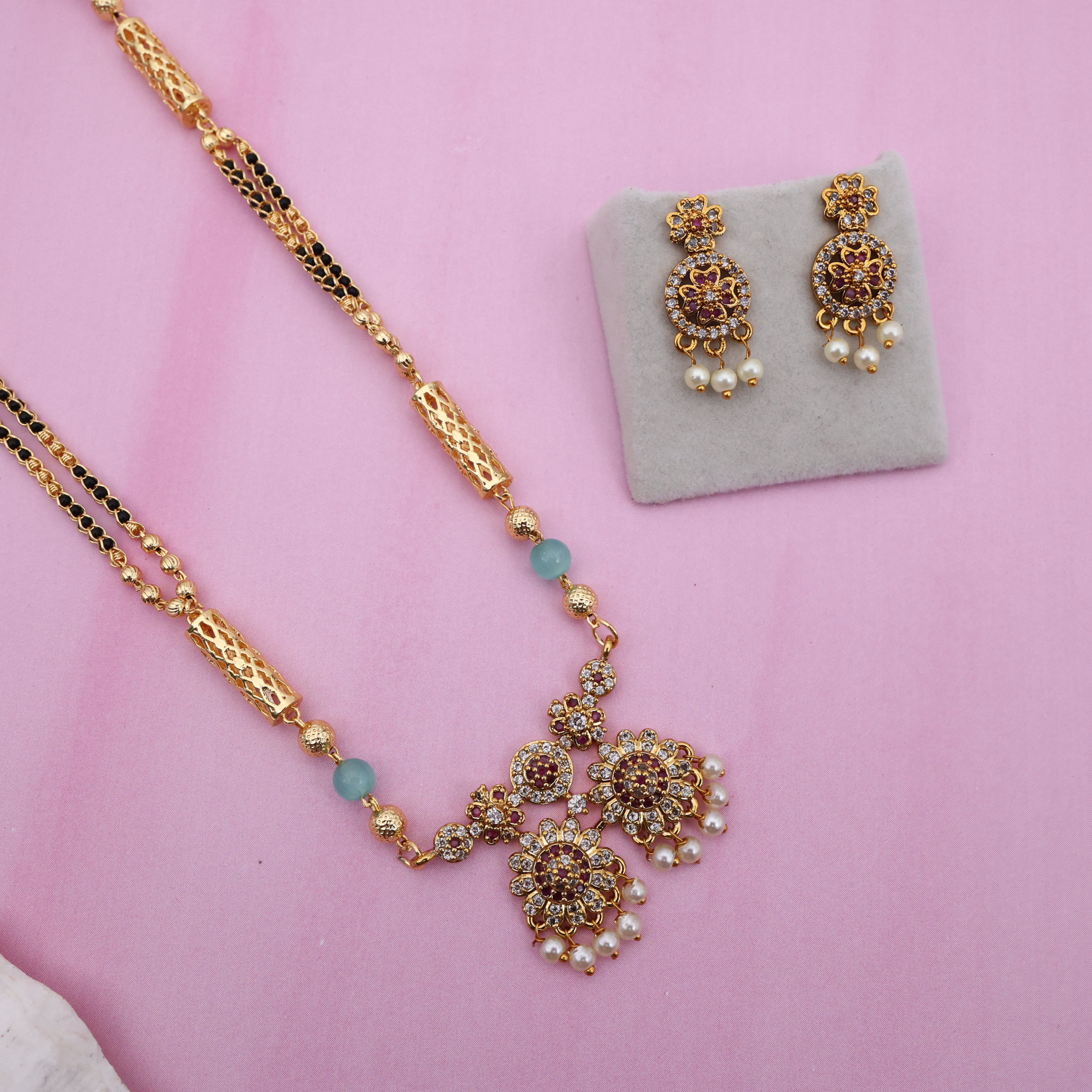 Gold Tone Premium Mangalsutra Black Beads Chain Set