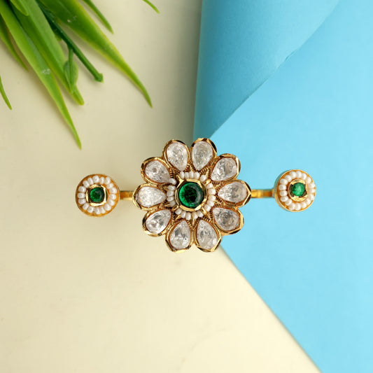 Jadau Kundan Flower Bridal Double Finger Ring - Emerald & White