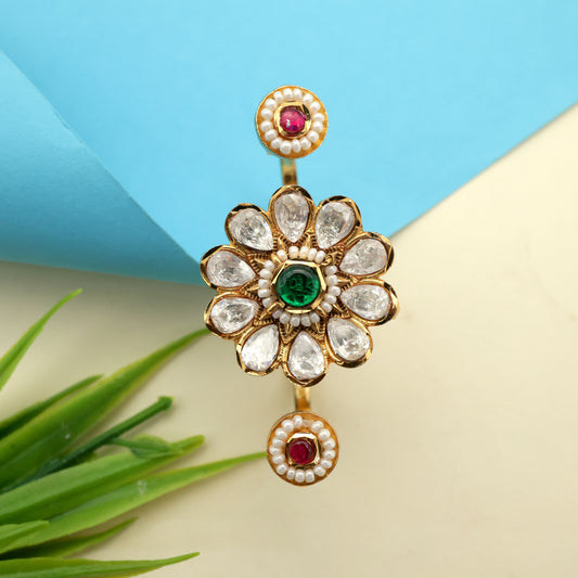 Jadau Kundan Flower Bridal Double Finger Ring - Multi