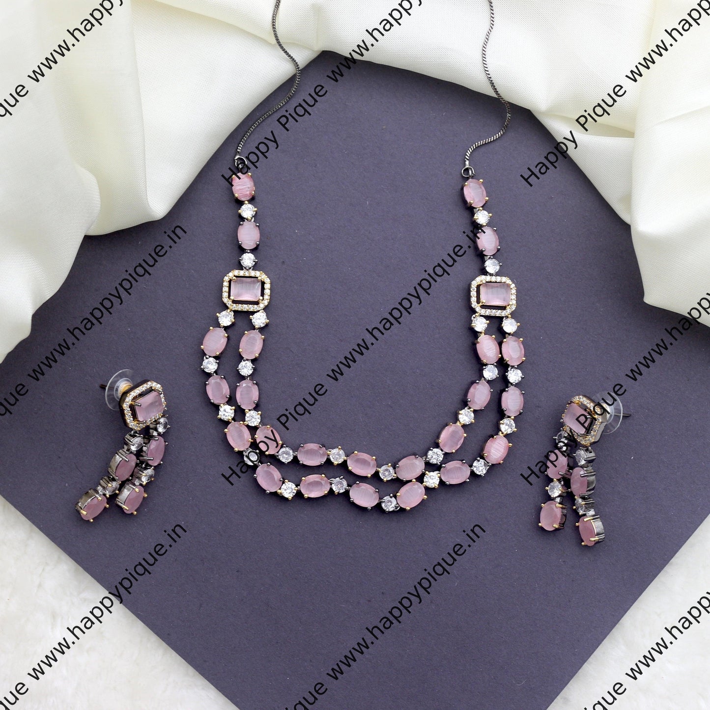 Two Line AD Designer Lightweight Black Rose Necklace Set