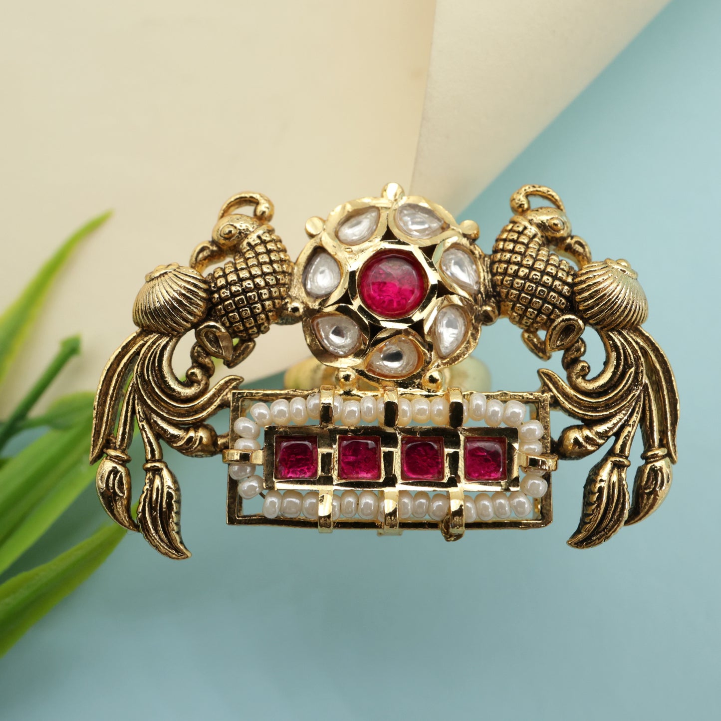 Antique Nagas Rettapakshi Jadau Kundan Bridal Double Finger Ring - Ruby & White