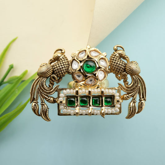 Antique Nagas Rettapakshi Jadau Kundan Bridal Double Finger Ring - Emerald & White