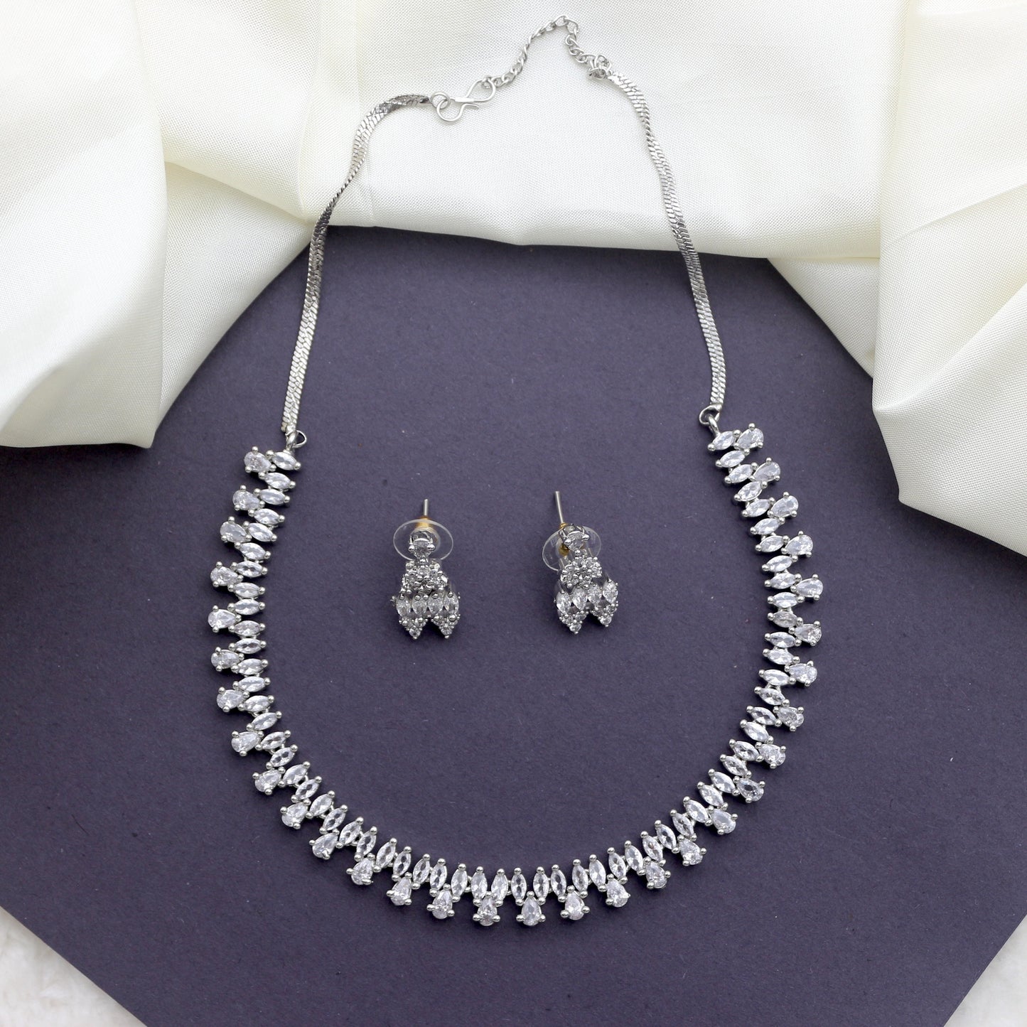 Premium Silver Polish AD Lightweight Designer Necklace Set