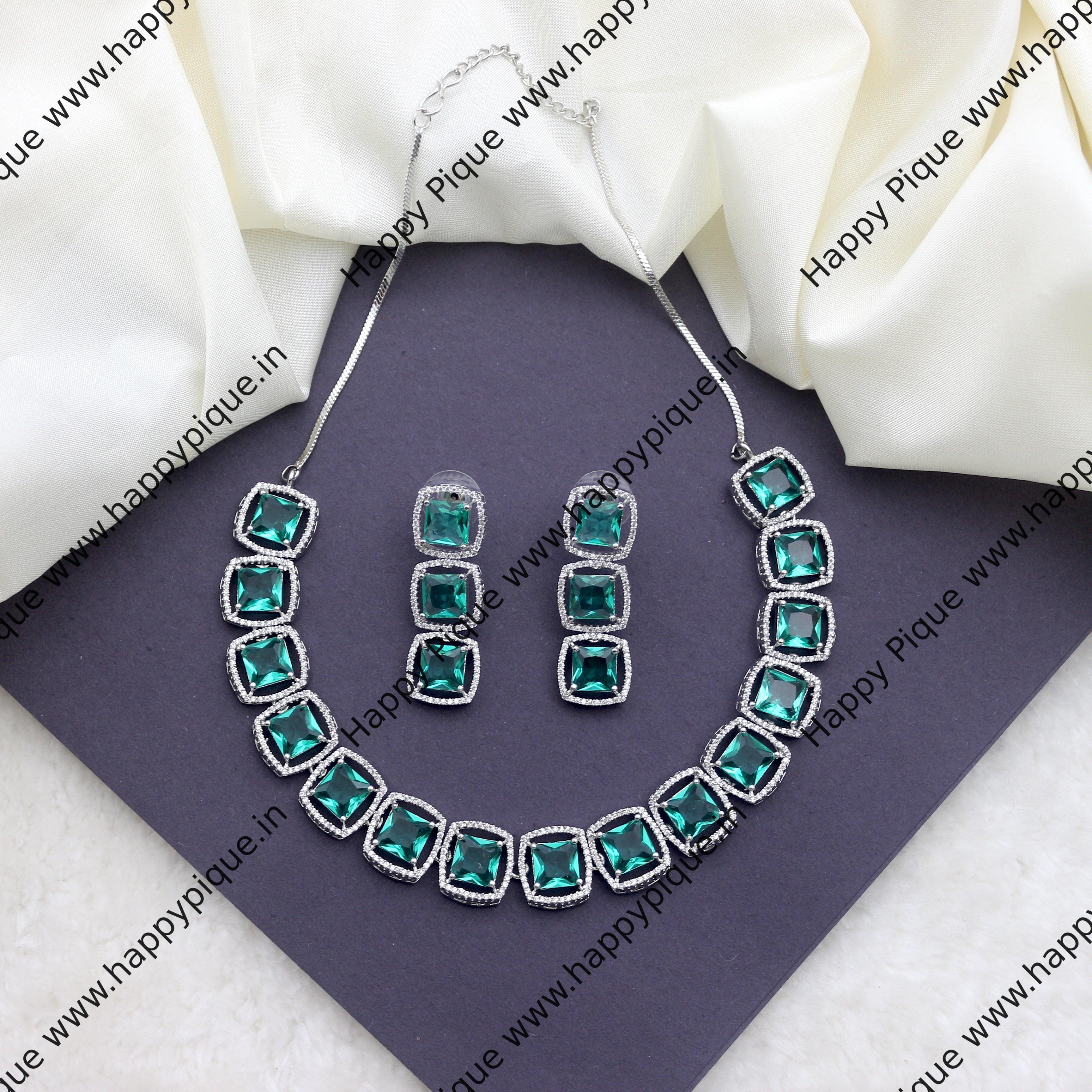 Premium Diamond Look AD Square Necklace - Rama Blue