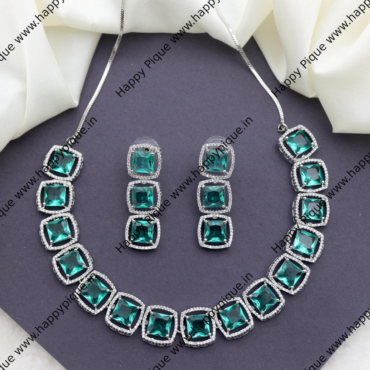 Premium Diamond Look AD Square Necklace - Rama Blue
