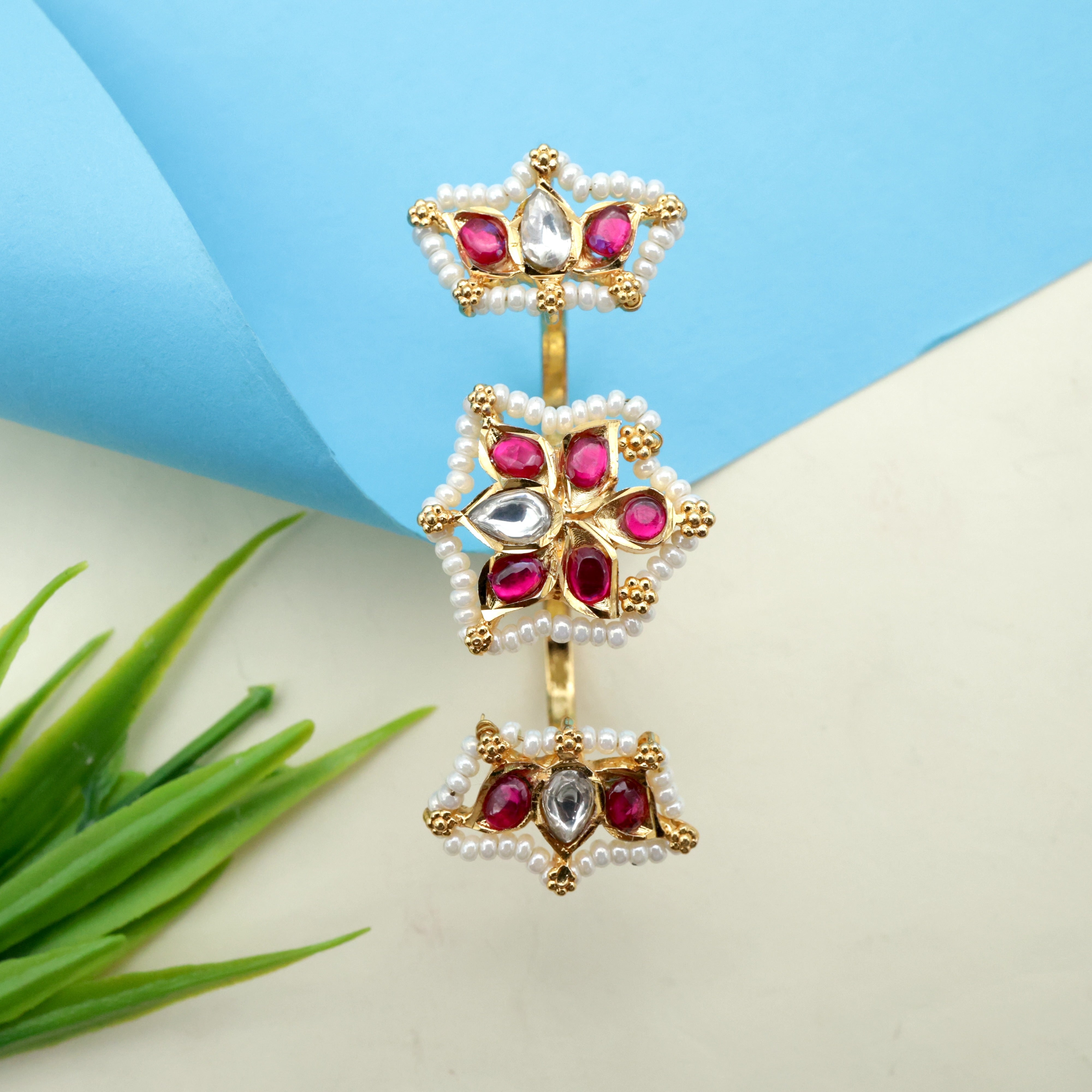 Pearl Outline Jadau Kundan 3 Lotuses Bridal Double Finger Ring - Ruby & White