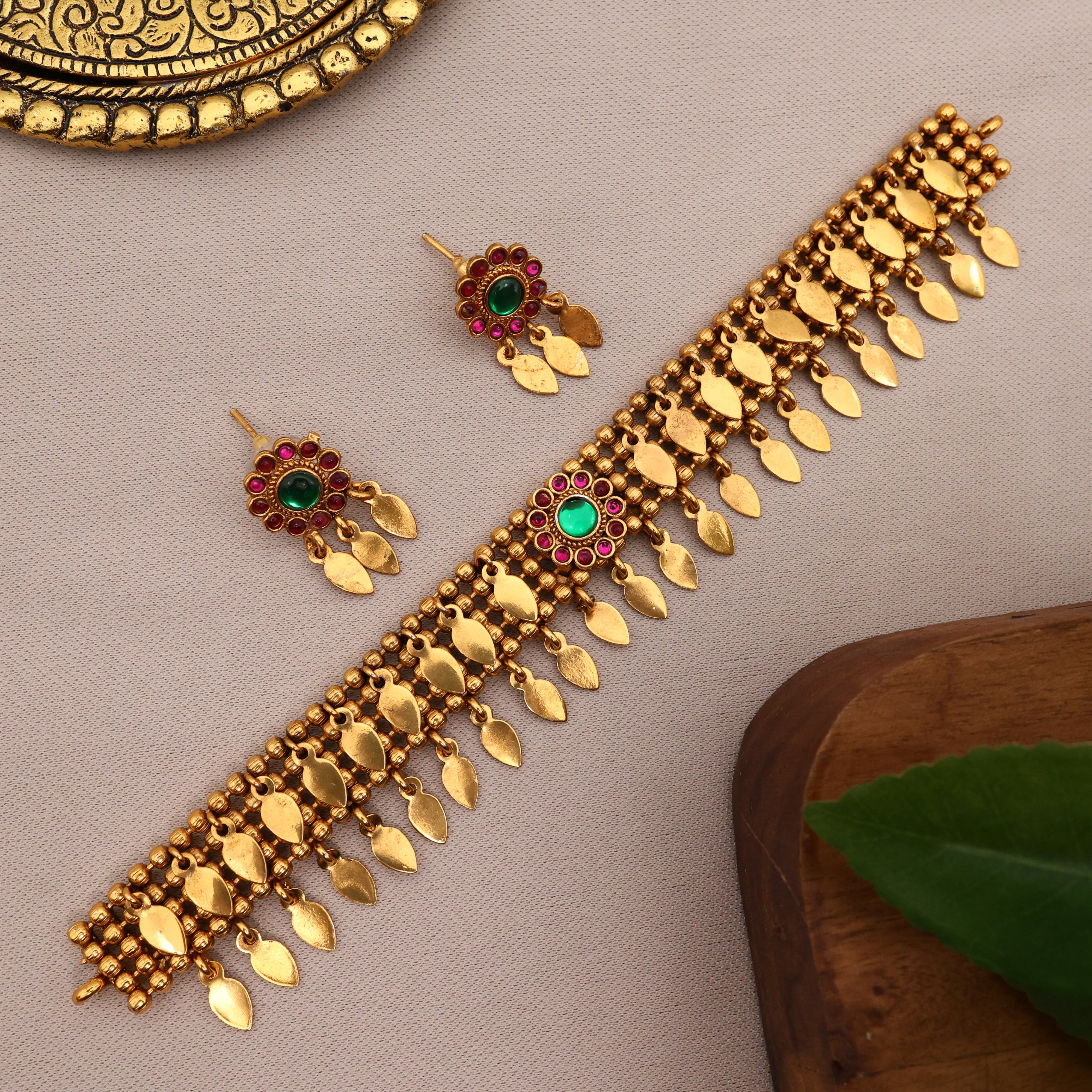 Antique Double Layer Kemp Flower Elakkathali Kerala Choker Necklace Set