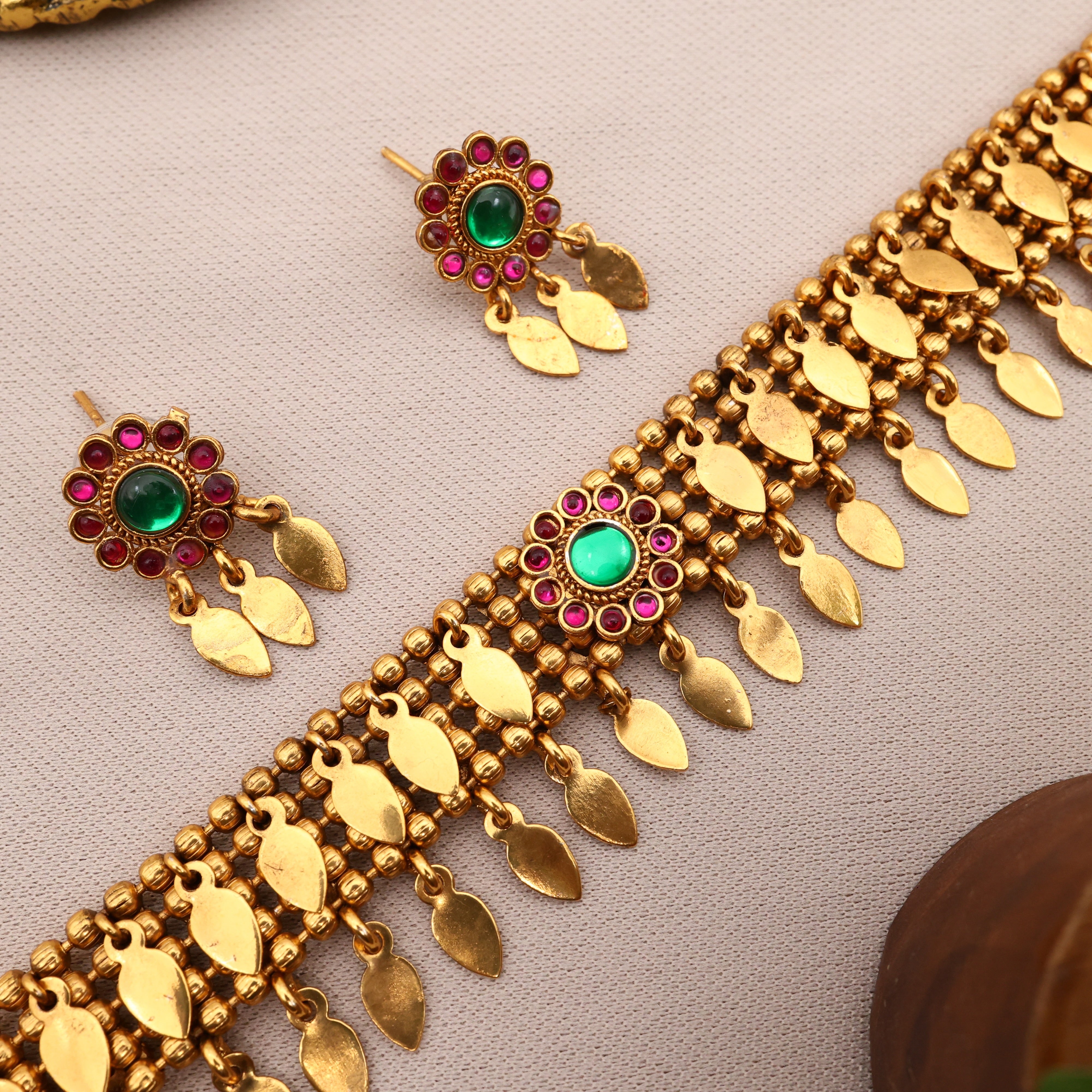 Antique Double Layer Kemp Flower Elakkathali Kerala Choker Necklace Set