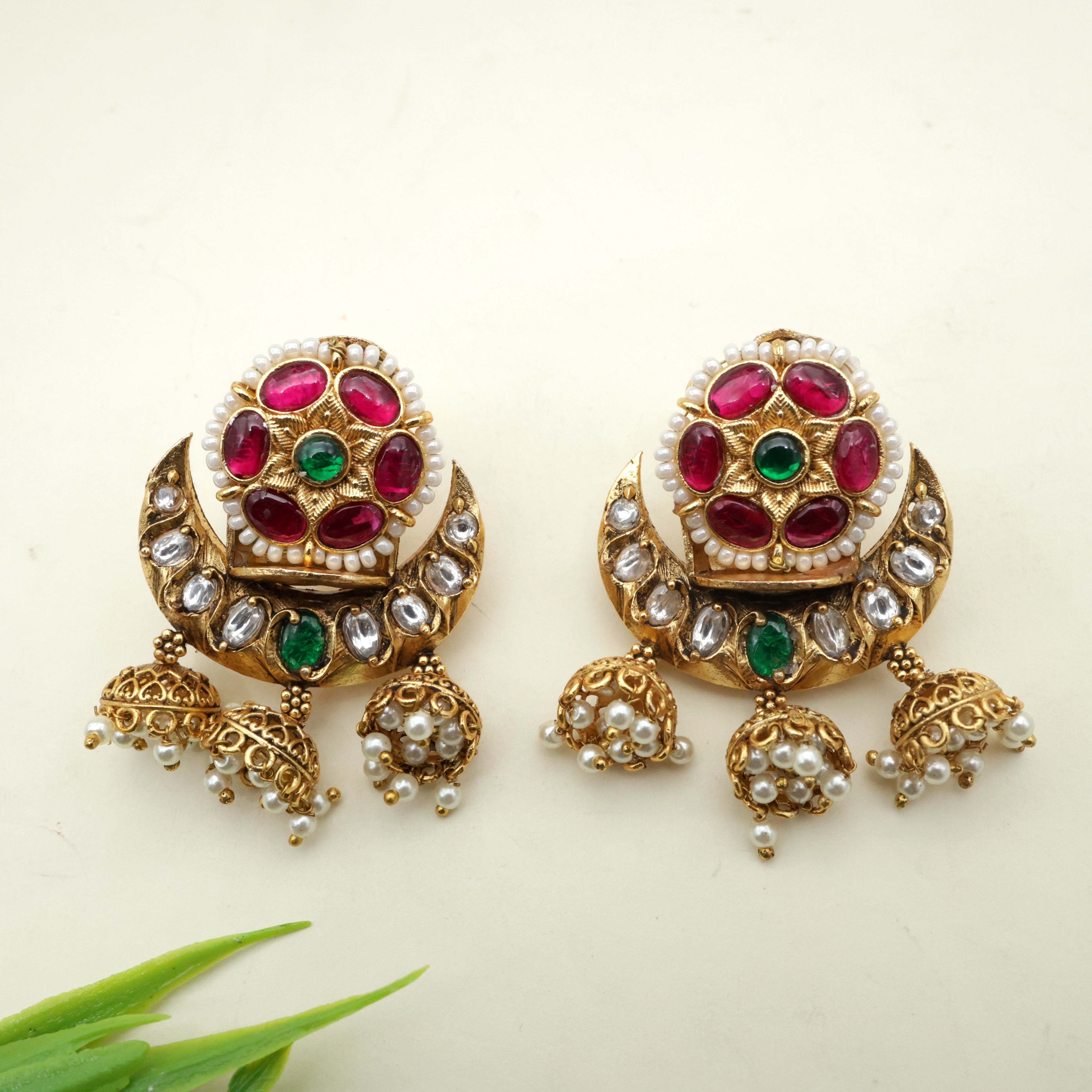 Flower Chaand Jhumkis Hanging Jadau Kundan Bridal Earrings - Ruby, Green & White