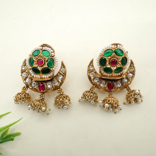 Flower Chaand Jhumkis Hanging Jadau Kundan Bridal Earrings - Green, Ruby & White