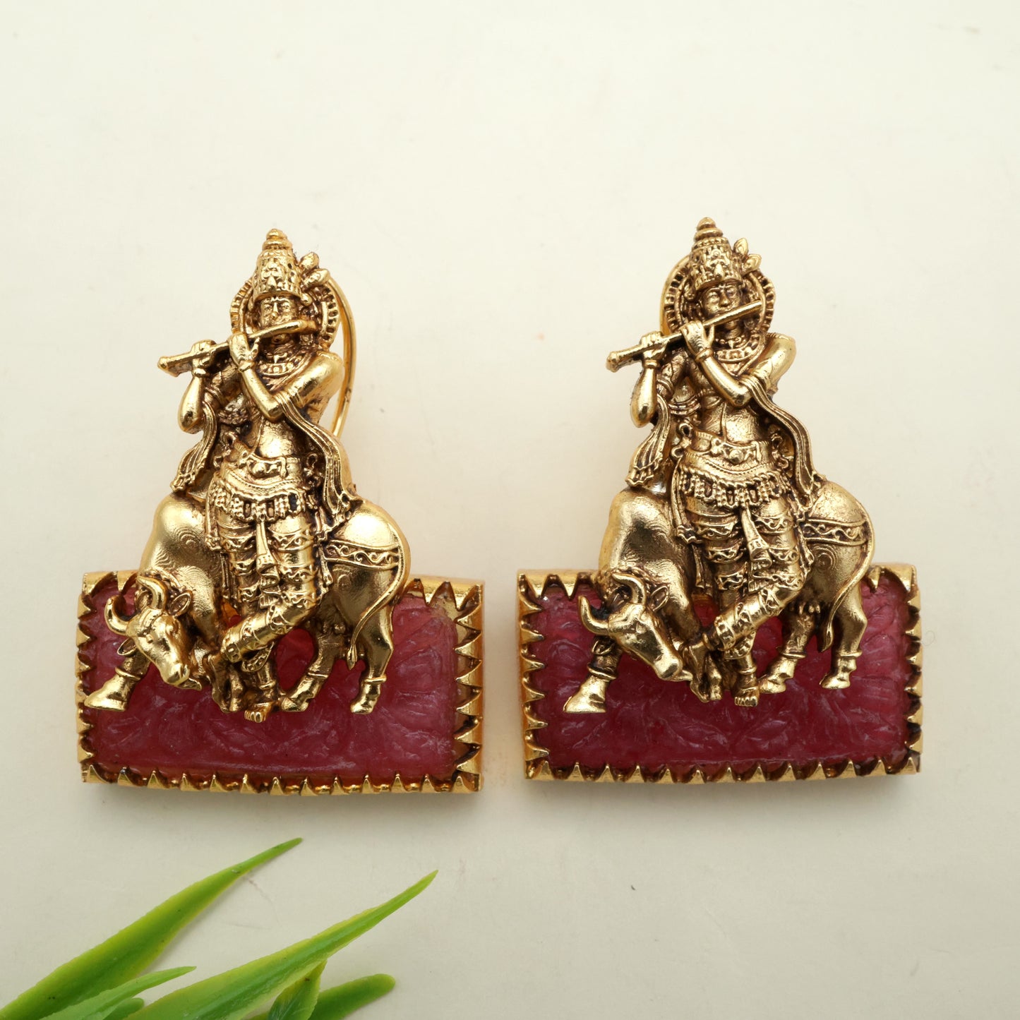 Antique Nagas Shri Krishna Carved Stone Earrings - Ruby