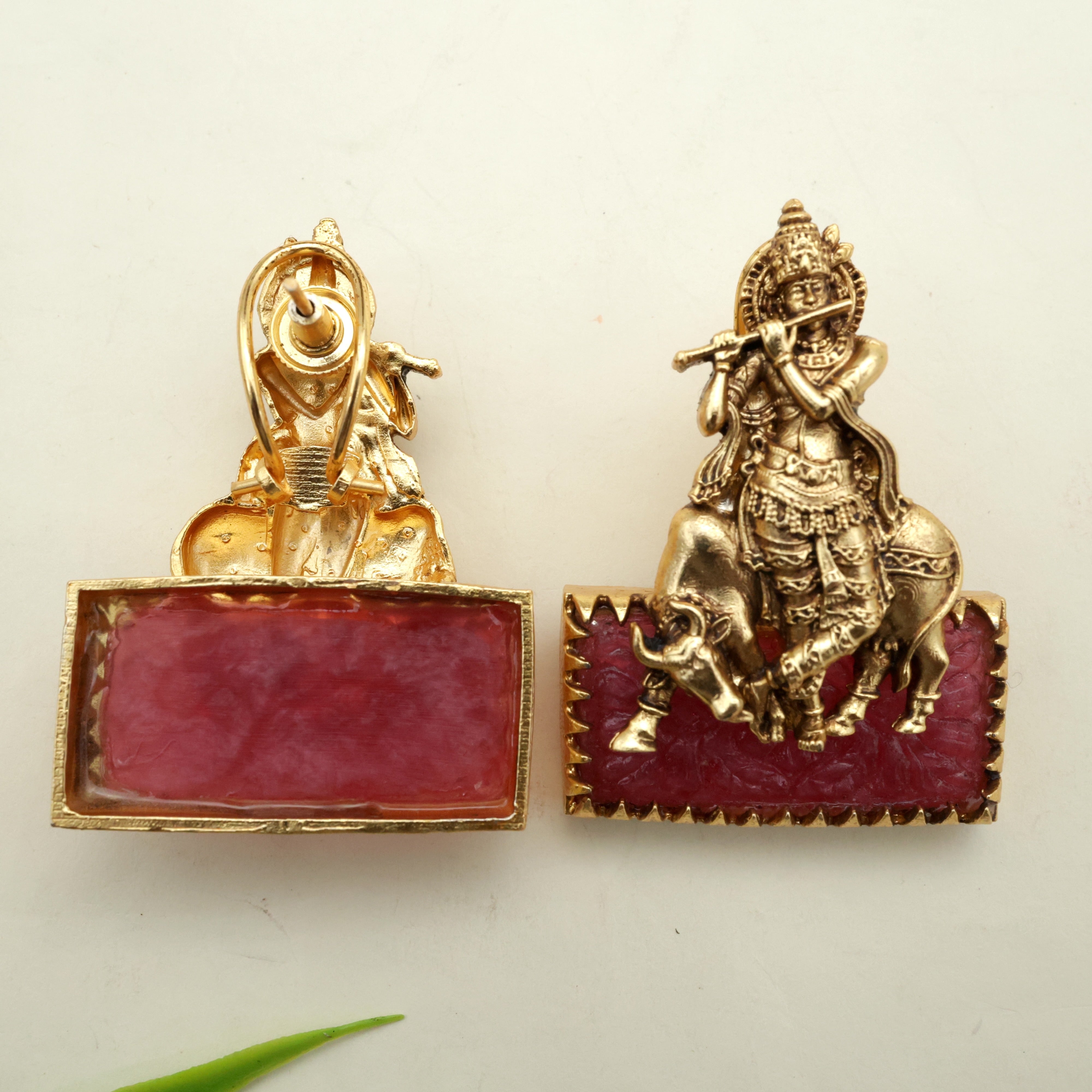 Antique Nagas Shri Krishna Carved Stone Earrings - Ruby