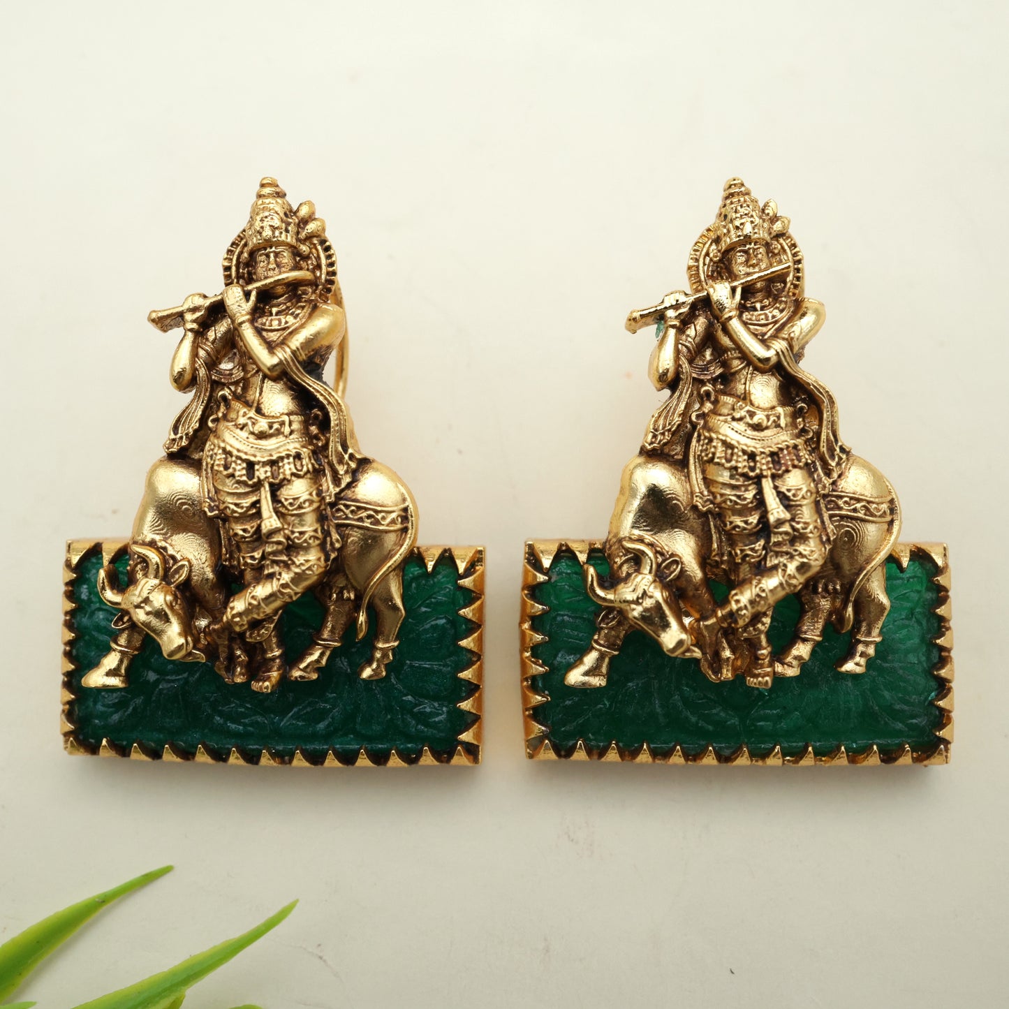 Antique Nagas Shri Krishna Carved Stone Earrings - Emerald