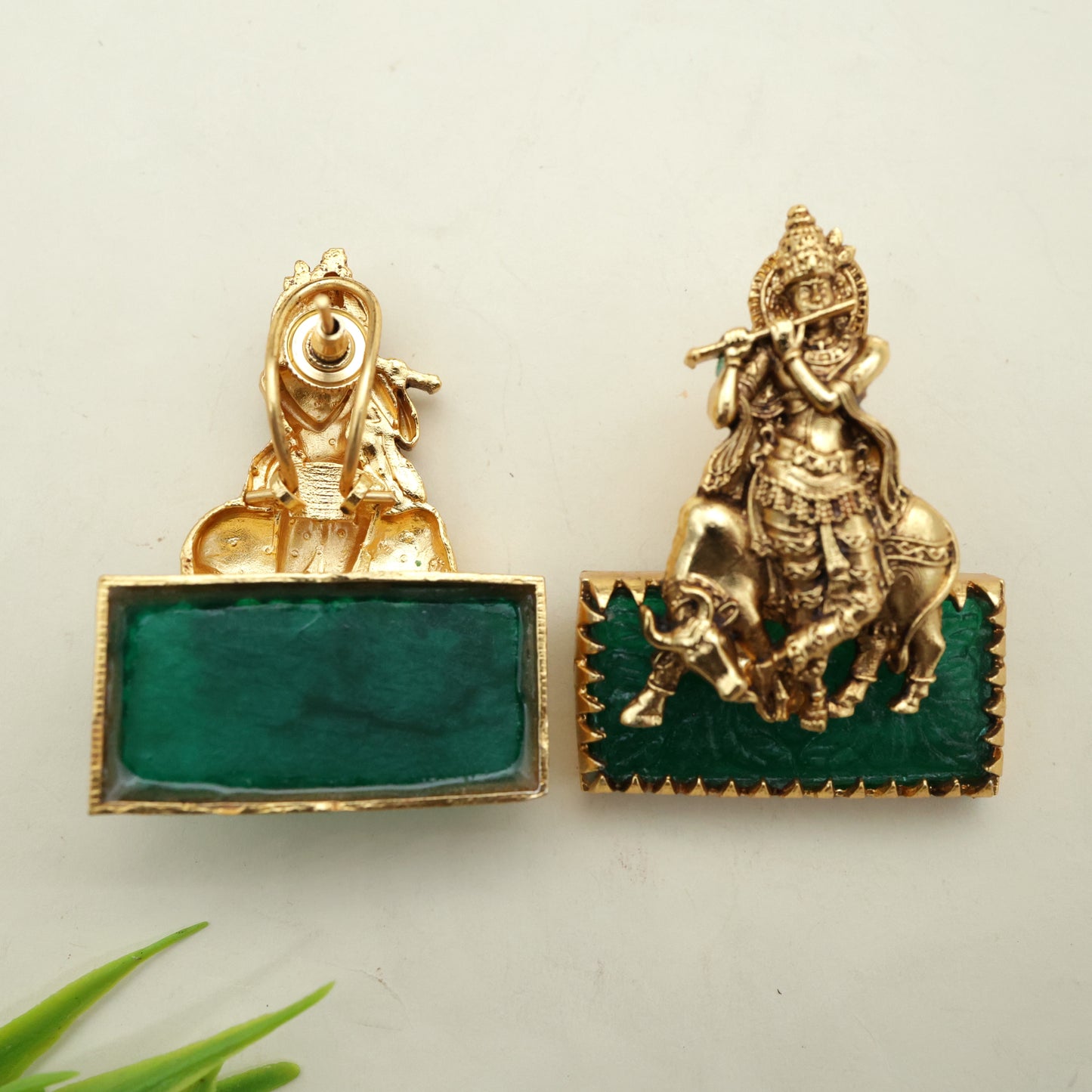 Antique Nagas Shri Krishna Carved Stone Earrings - Emerald