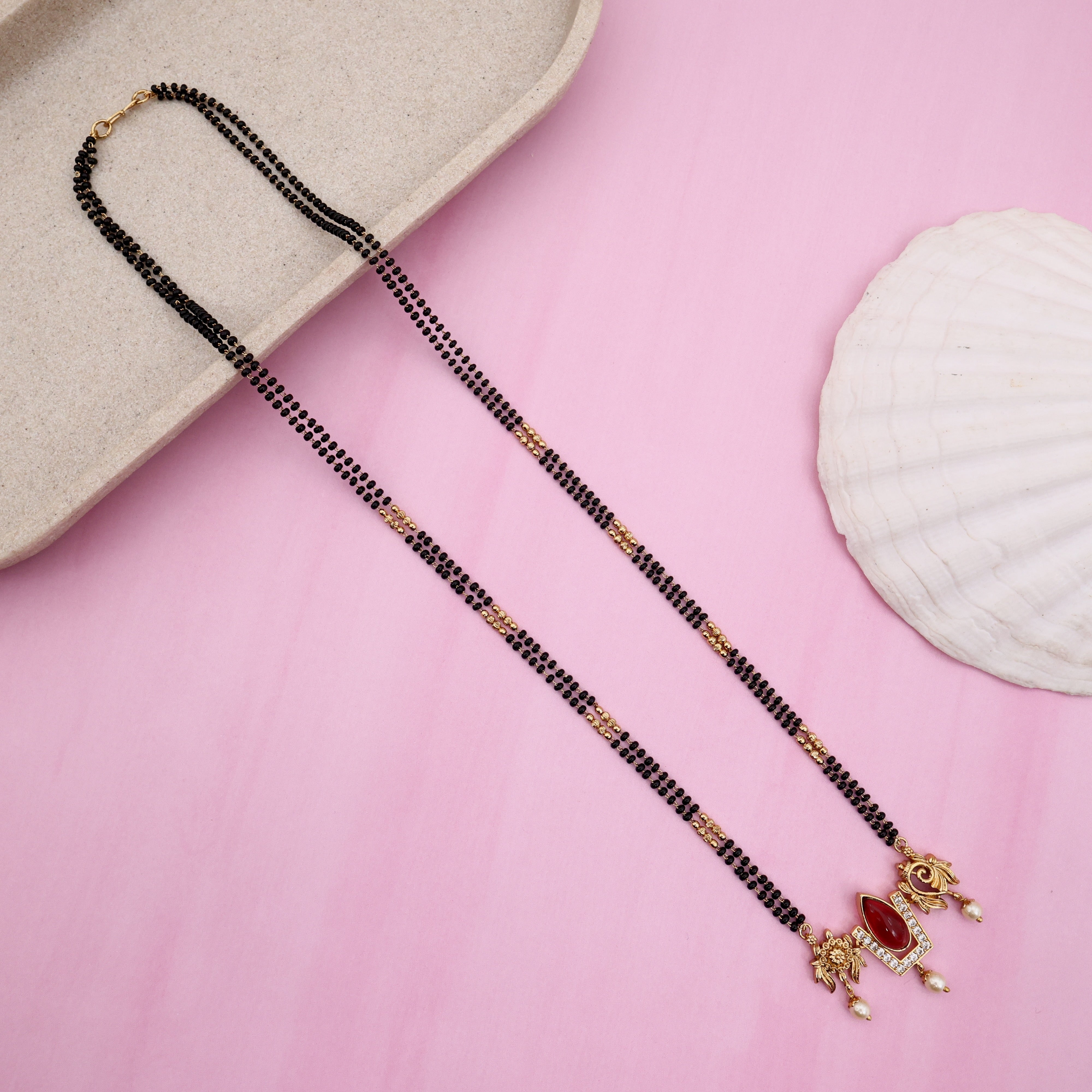 Premium Thiruman Pendant Long Black Beads Mangalsutra Chain - Ruby