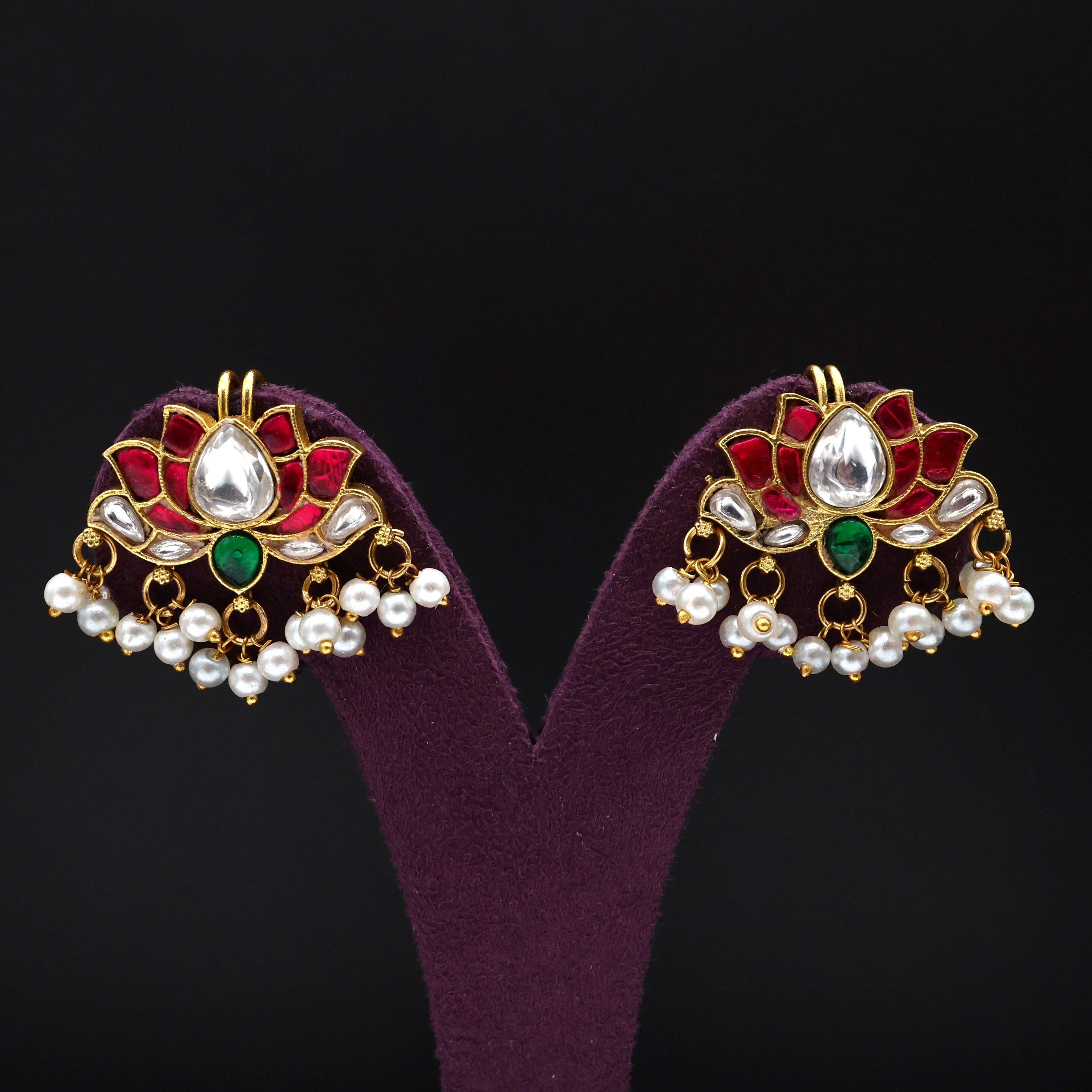 Premium Jadau Kundan Lotus Bugadi/Koppu Earrings (Can also be used as hair accessory)