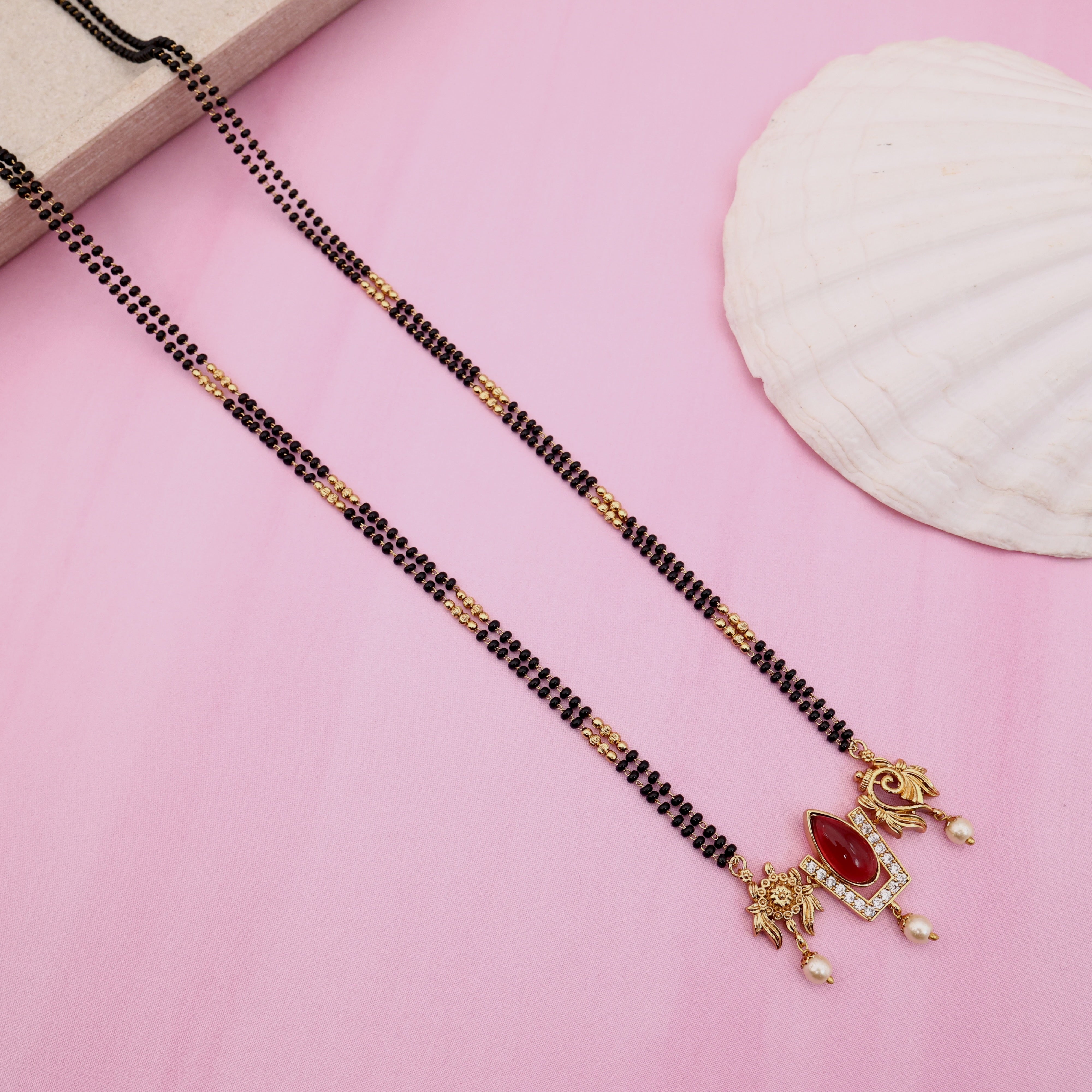 Premium Thiruman Pendant Long Black Beads Mangalsutra Chain - Ruby