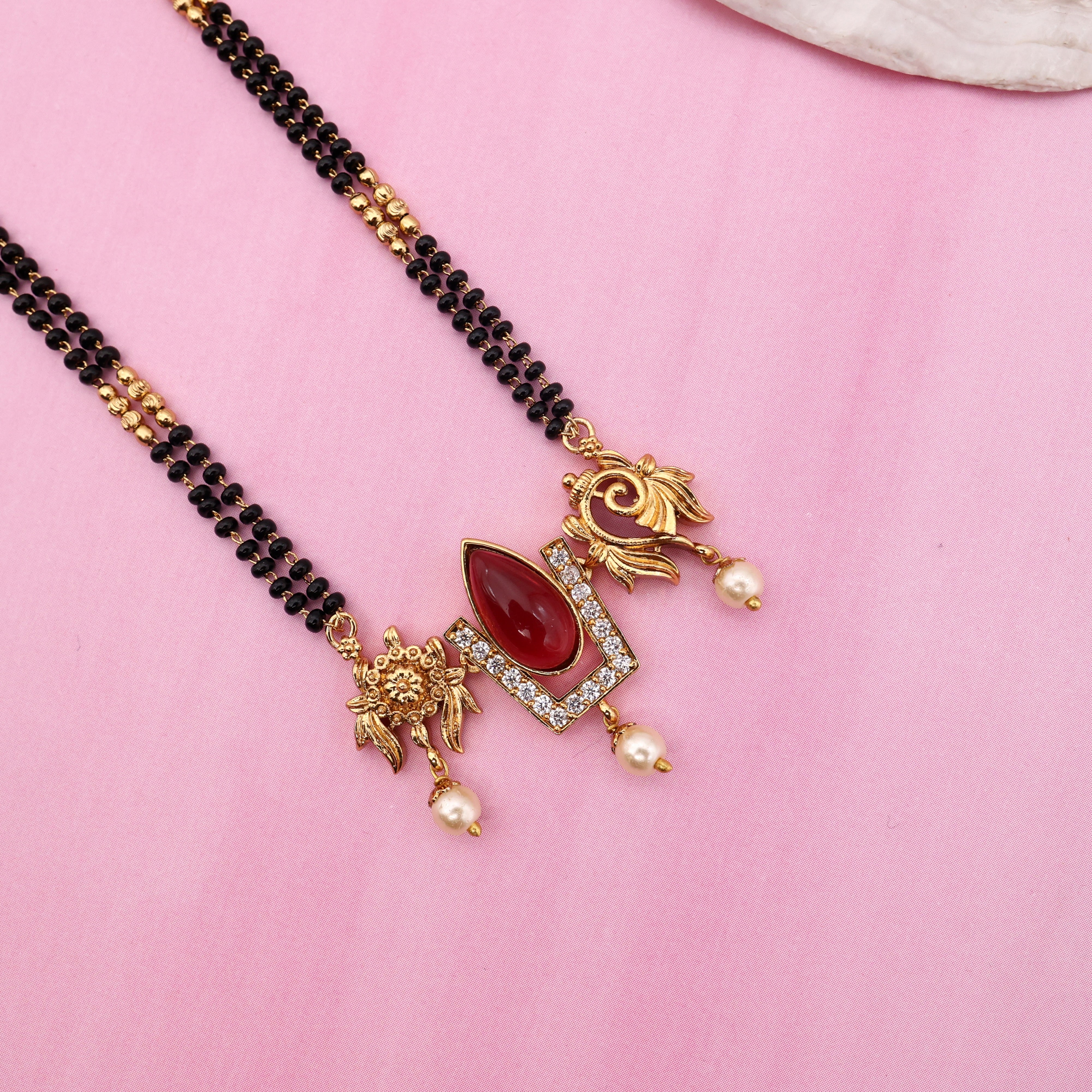 Premium Thiruman Pendant Long Black Beads Mangalsutra Chain - Ruby