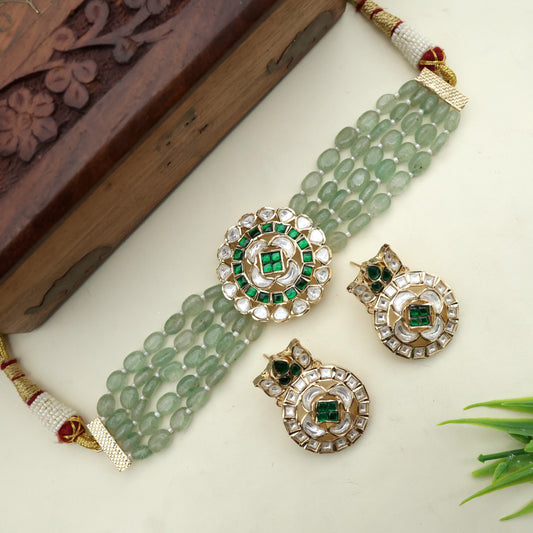 5 Line Beads Jadau Kundan Moissanite Bridal Choker Set - White & Green