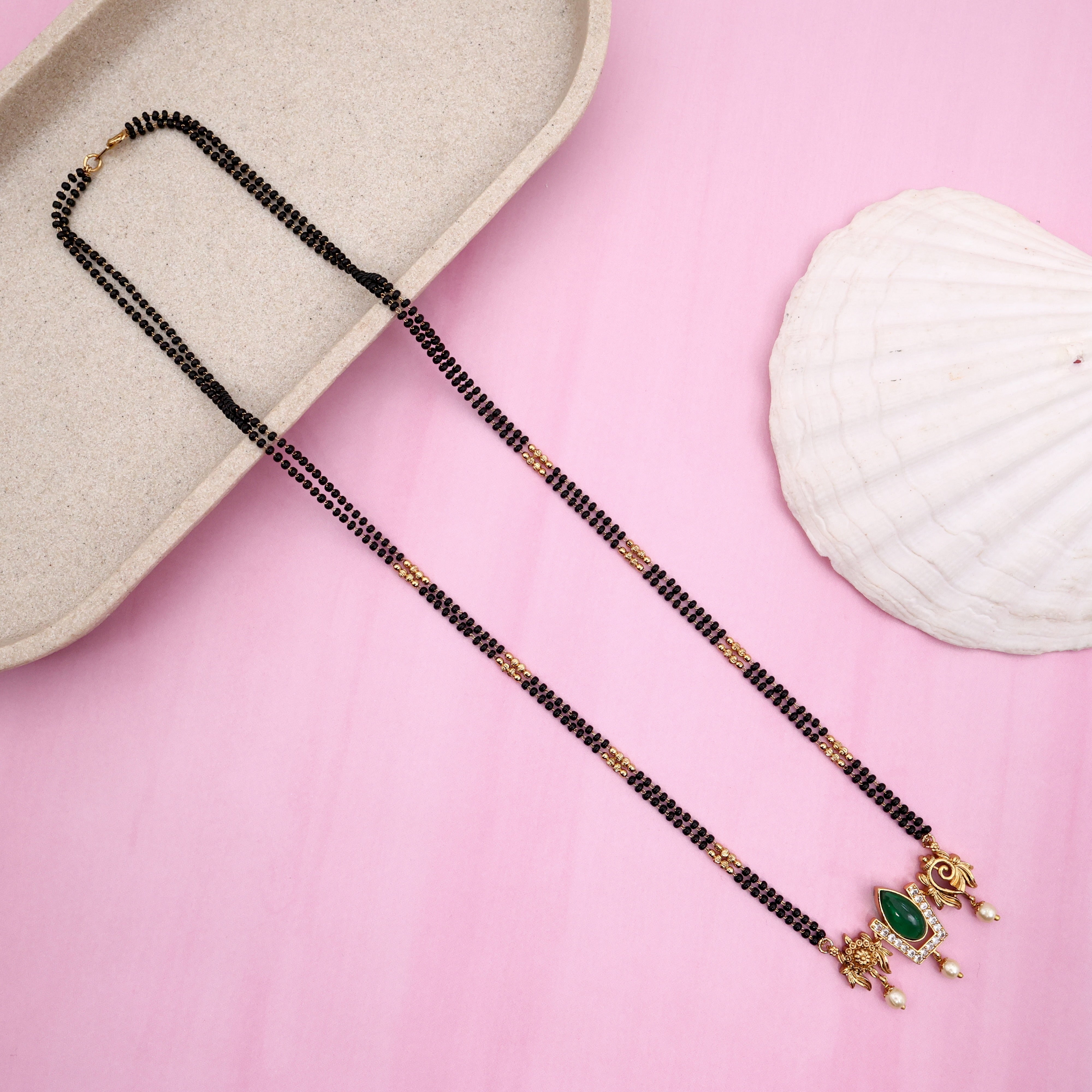 Premium Thiruman Pendant Long Black Beads Mangalsutra Chain - Green