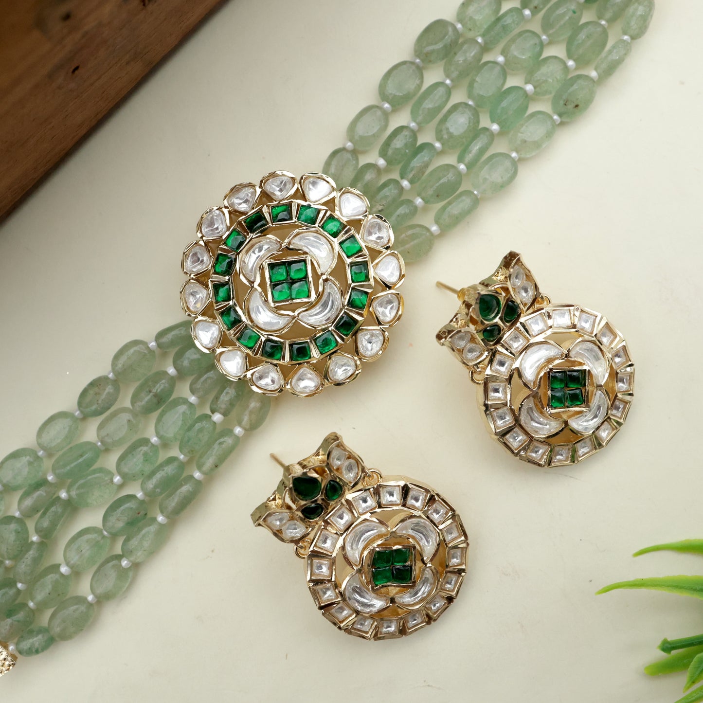 5 Line Beads Jadau Kundan Moissanite Bridal Choker Set - White & Green