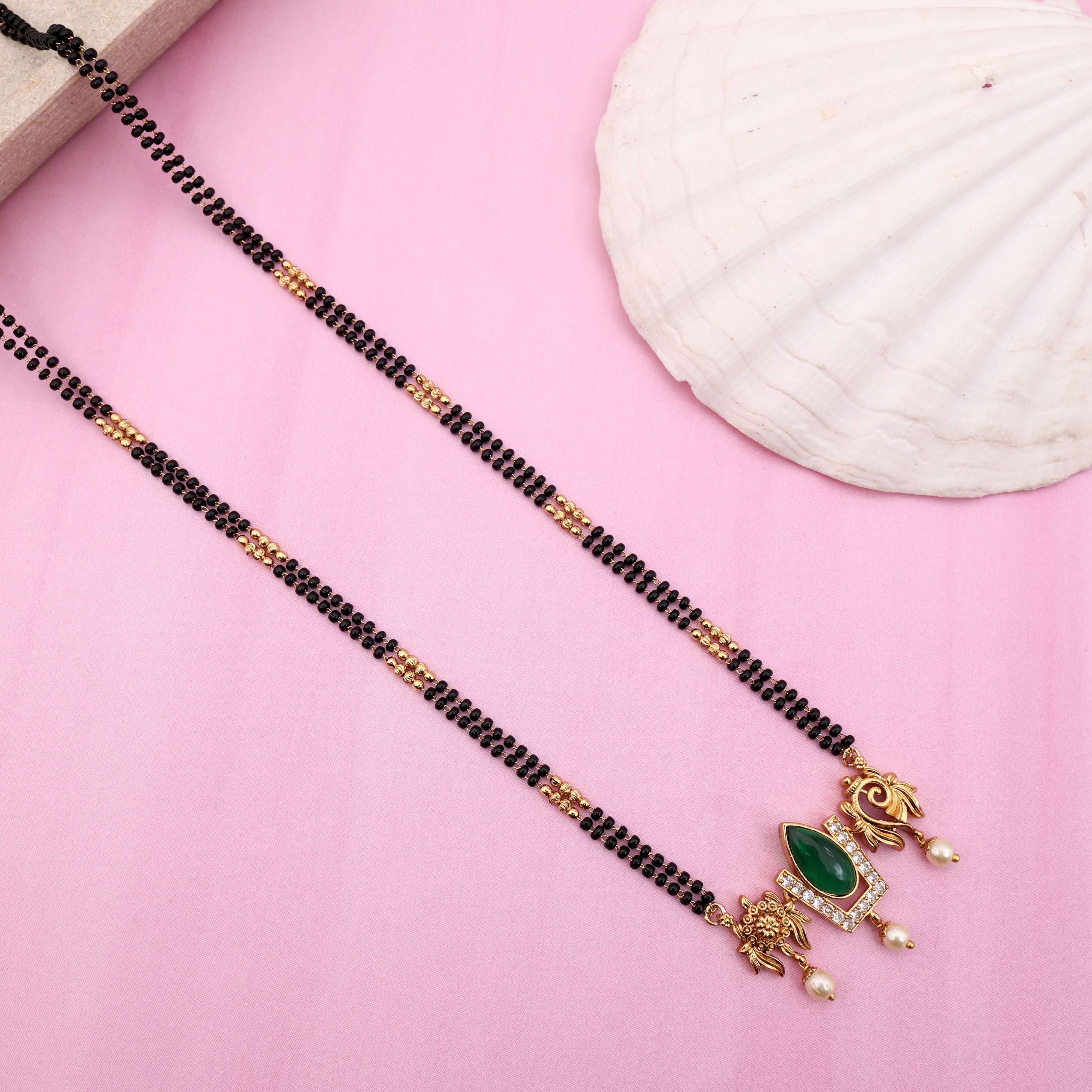 Premium Thiruman Pendant Long Black Beads Mangalsutra Chain - Green