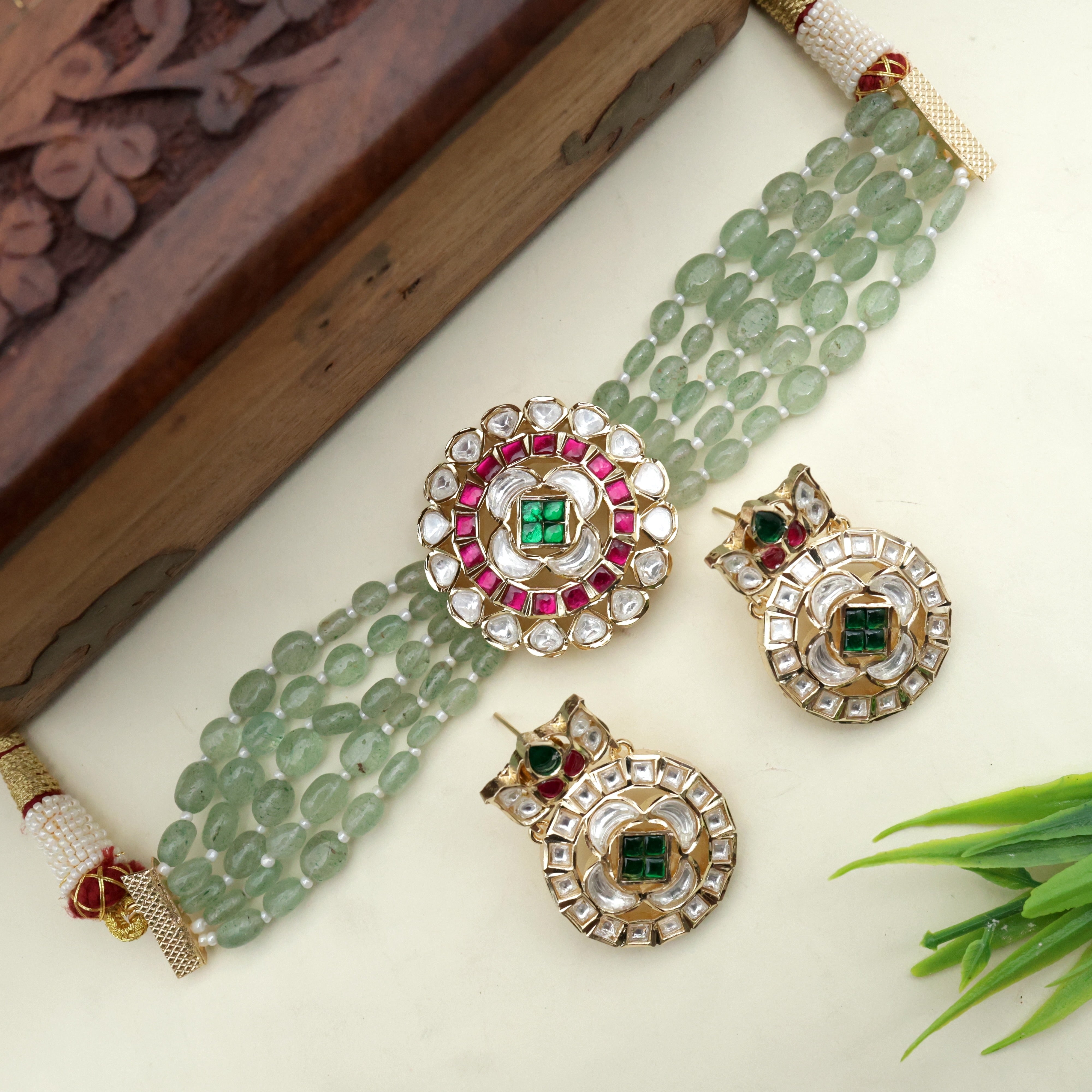 5 Line Beads Jadau Kundan Moissanite Bridal Choker Set - Multi