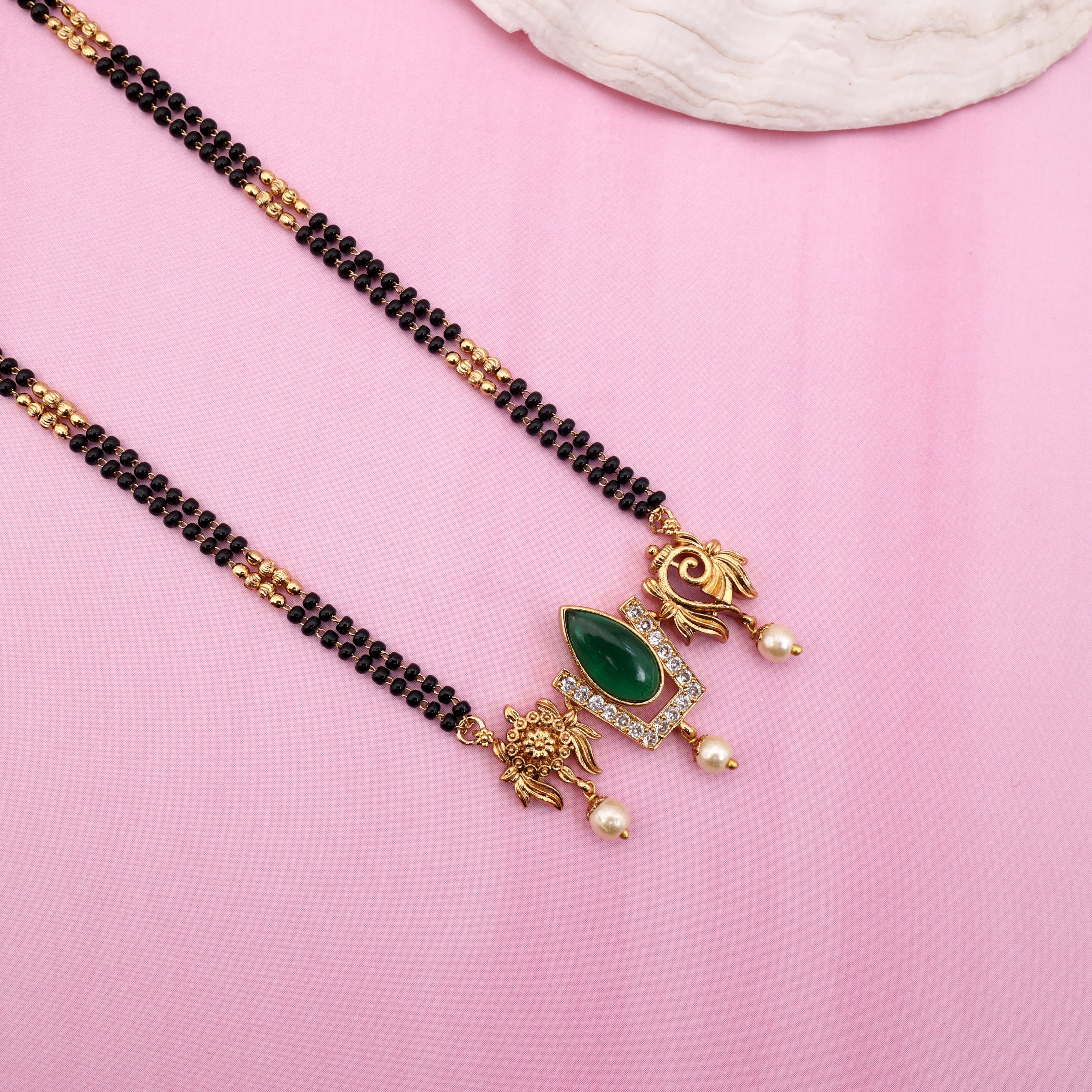 Premium Thiruman Pendant Long Black Beads Mangalsutra Chain - Green
