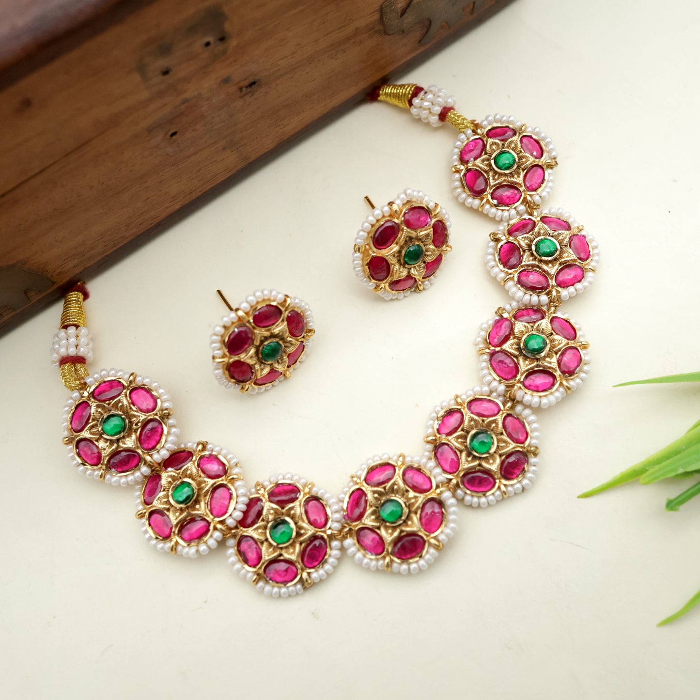 Pearl Flower Jadau Kundan Necklace Set - Ruby & Green