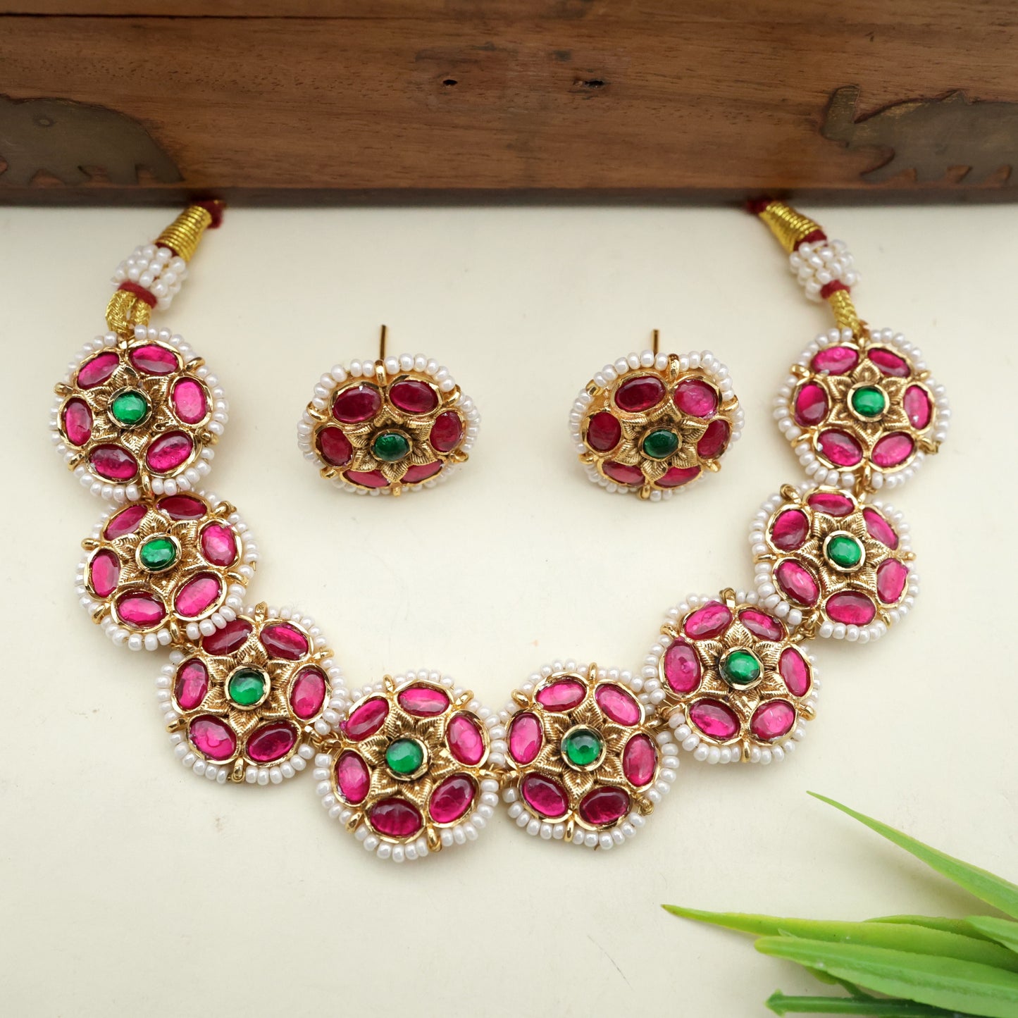 Pearl Flower Jadau Kundan Necklace Set - Ruby & Green