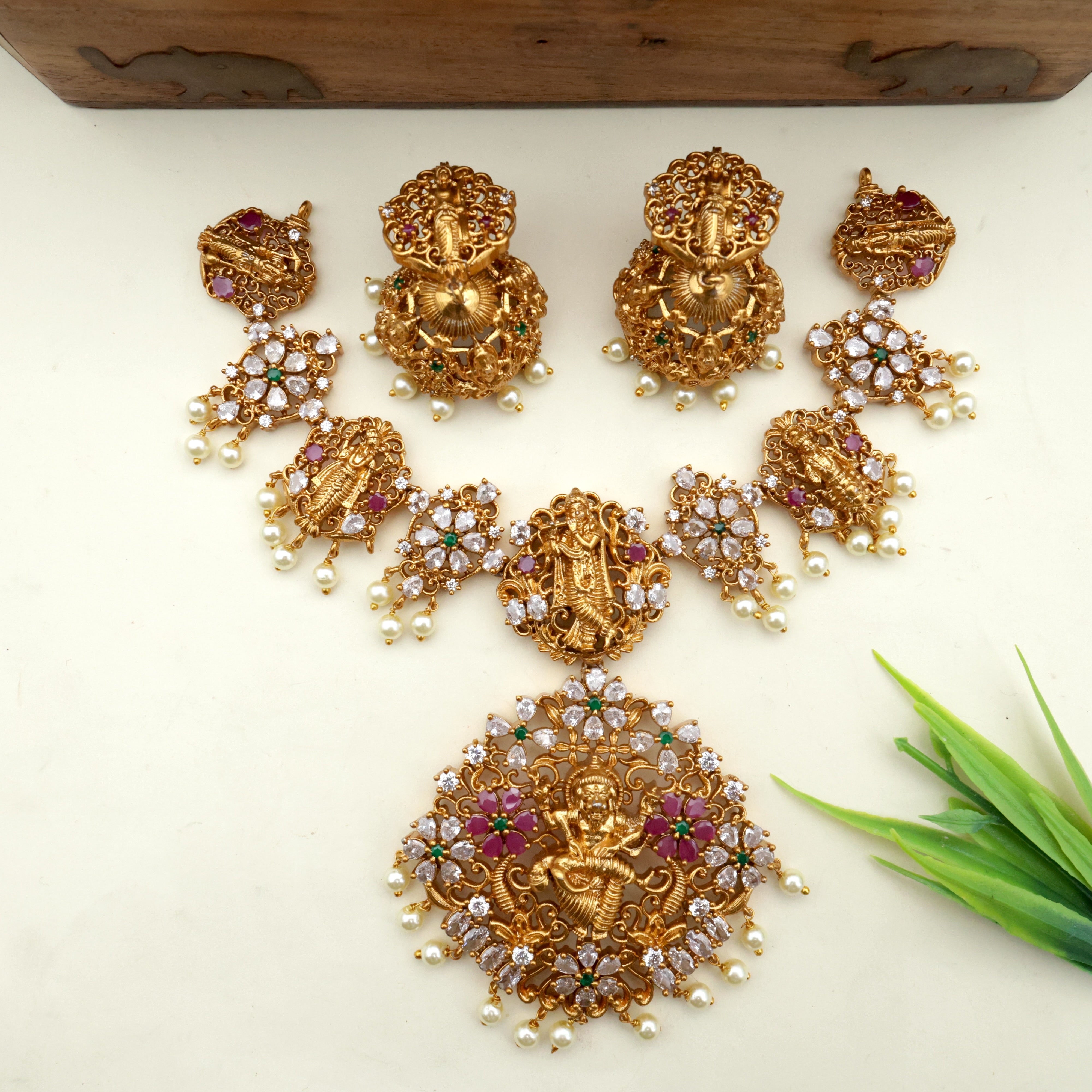 Antique Gold AD Vishnu Avatarams Bridal Necklace Set