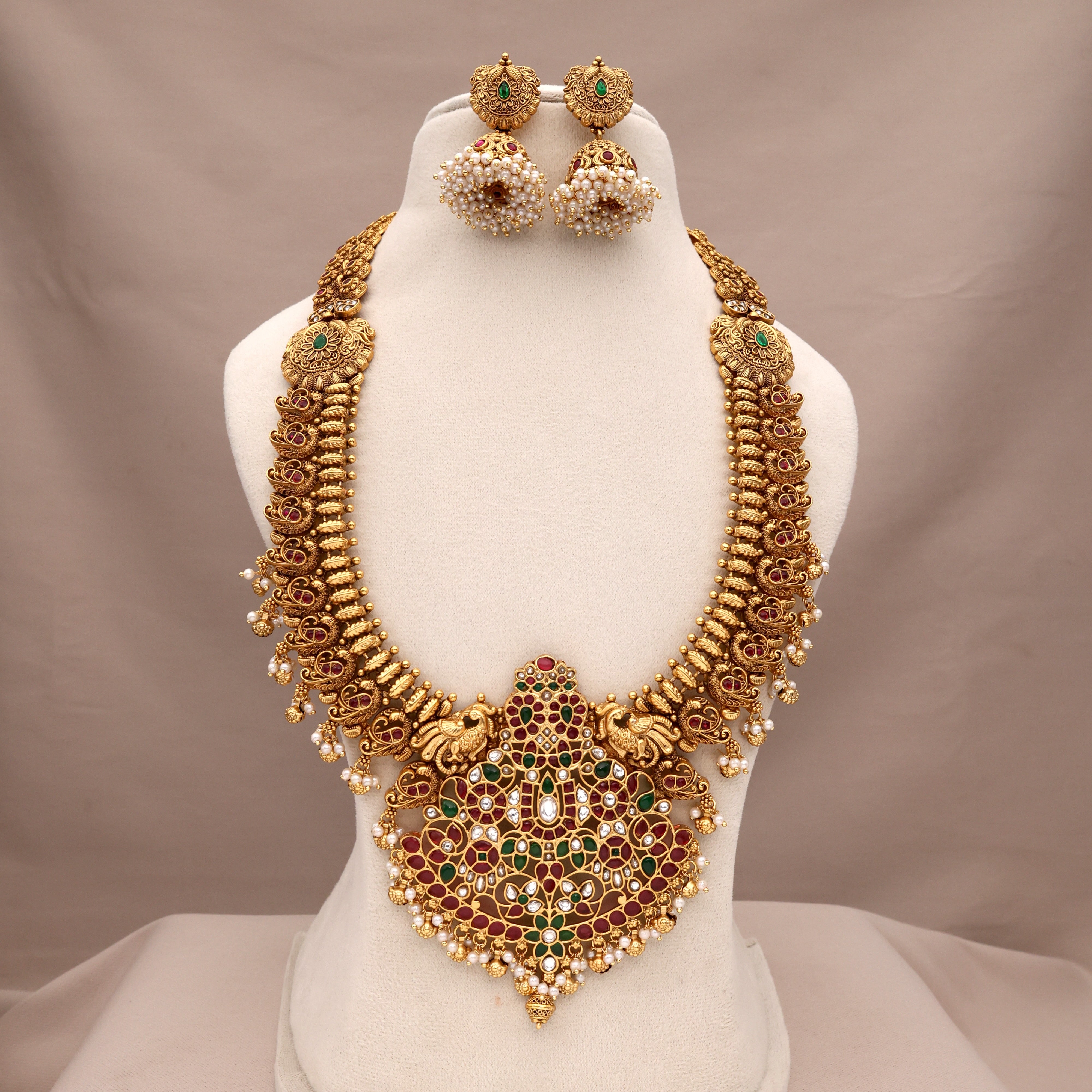 Premium Nagas Annam Kemp Kundan Thiruman Pendant Bridal Haaram Set