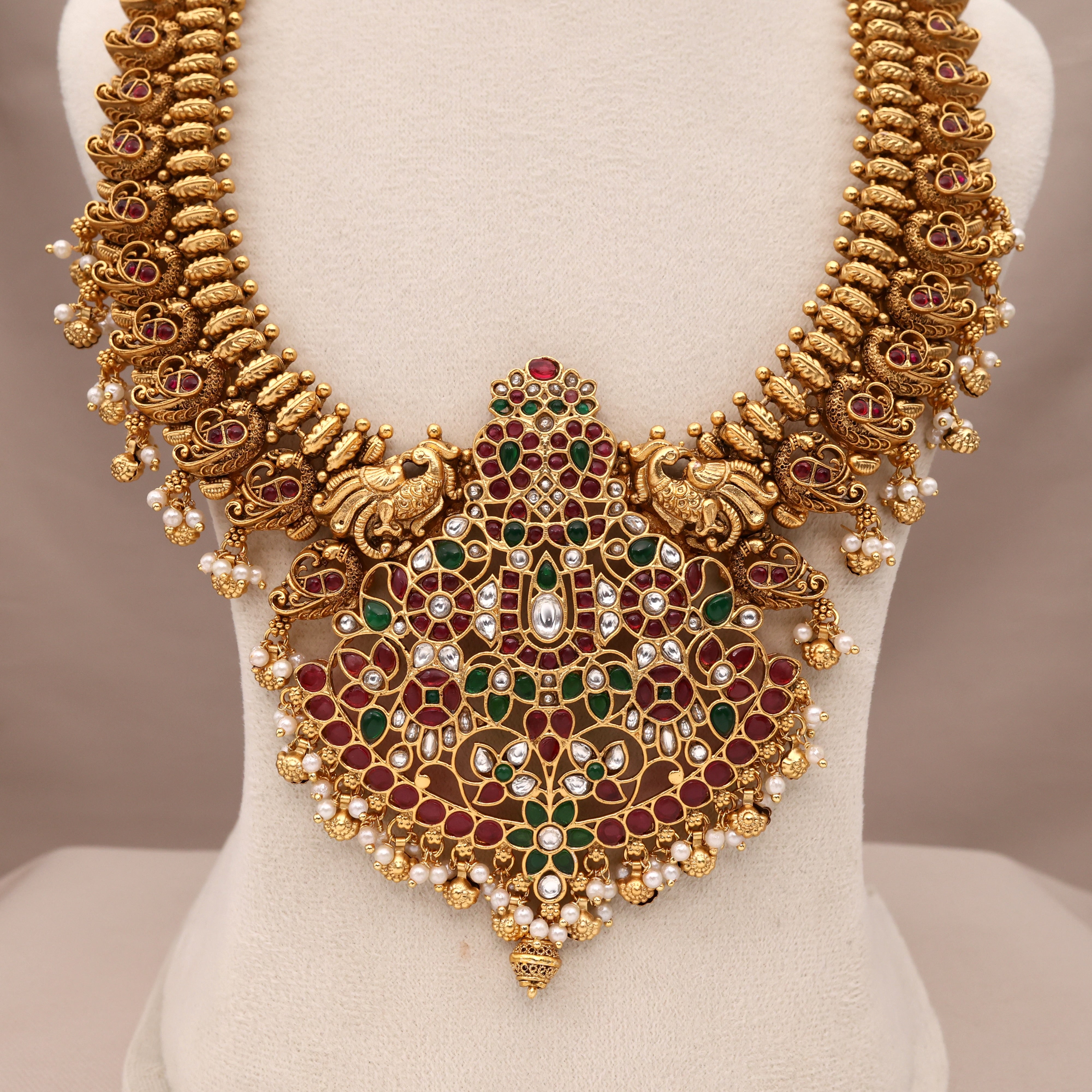 Premium Nagas Annam Kemp Kundan Thiruman Pendant Bridal Haaram Set