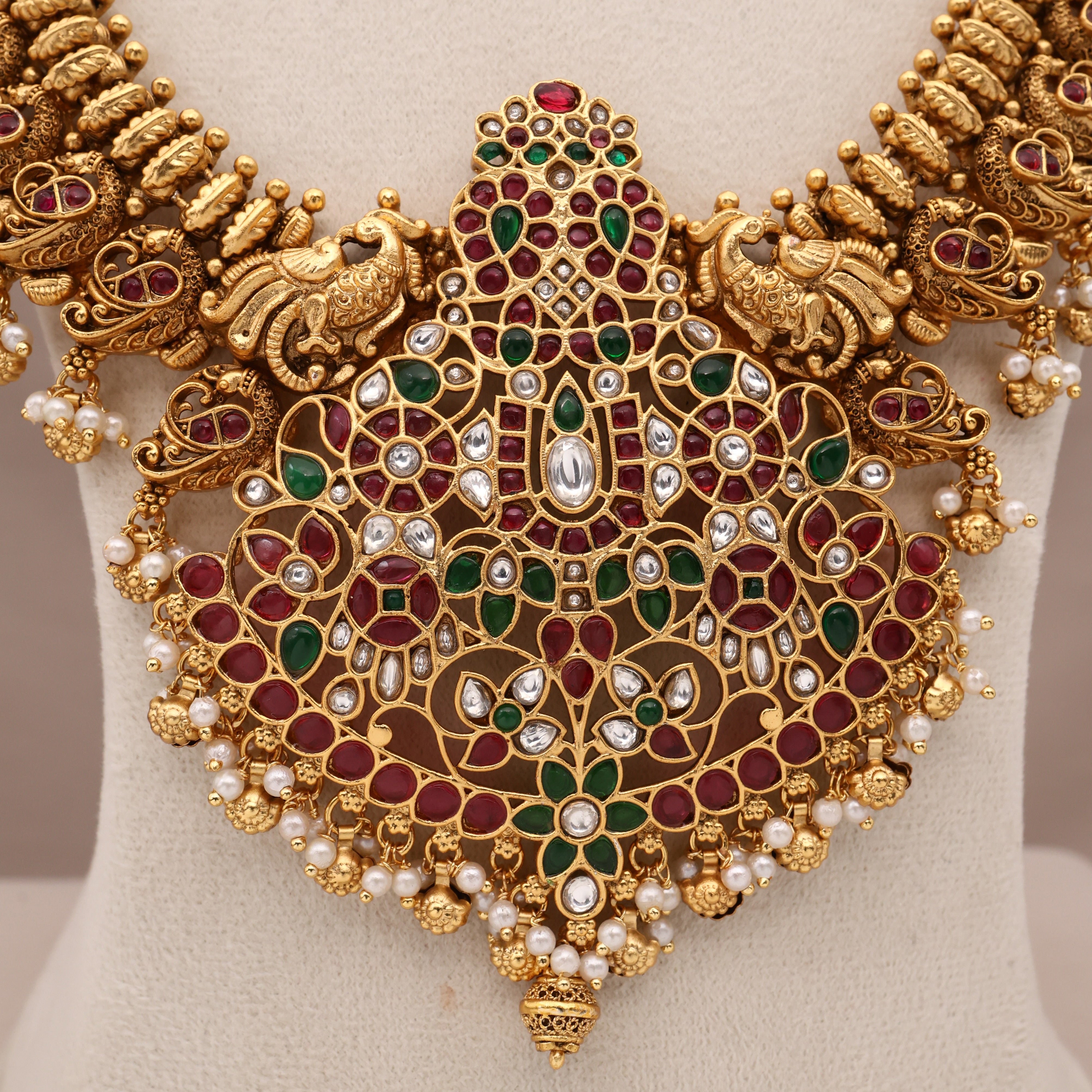 Premium Nagas Annam Kemp Kundan Thiruman Pendant Bridal Haaram Set