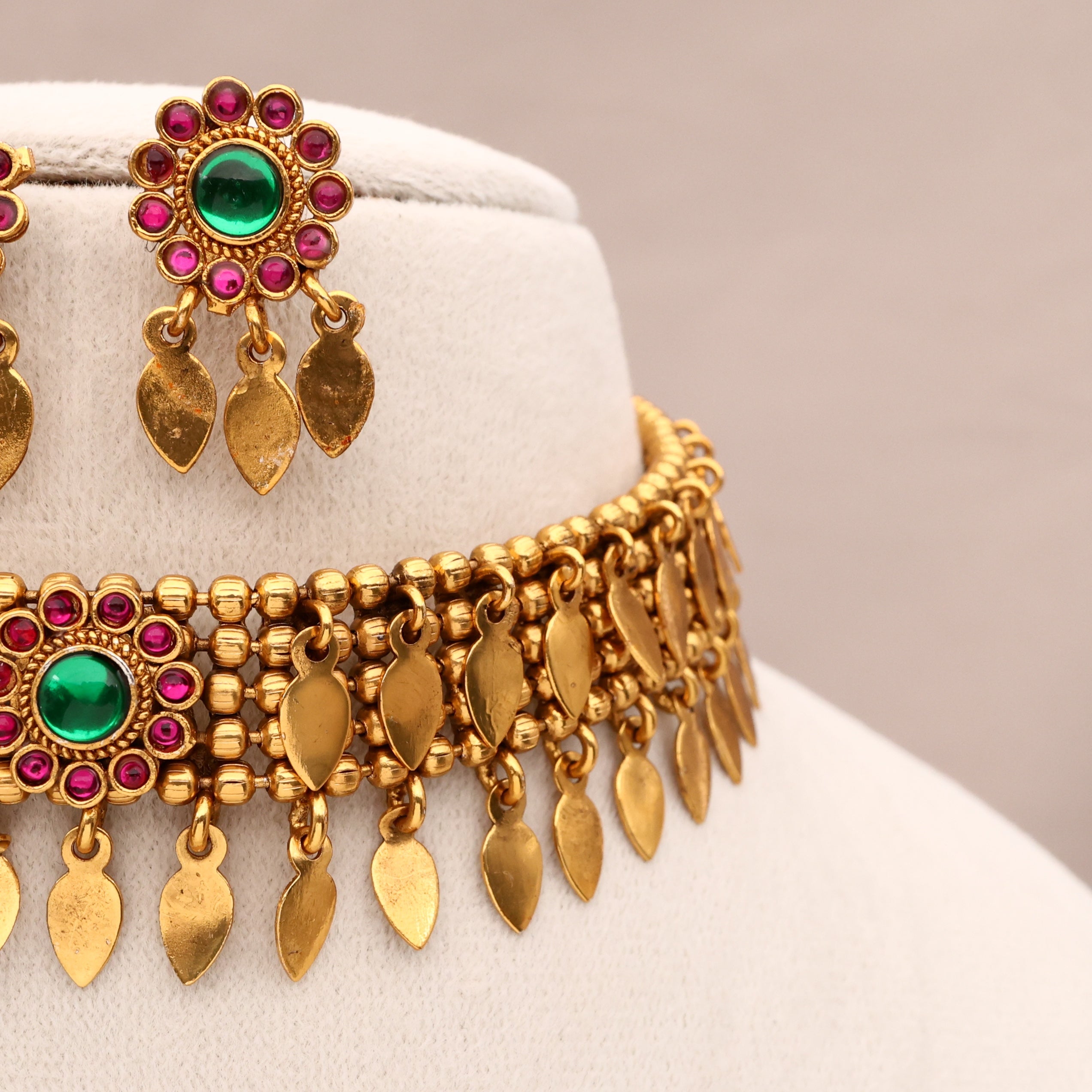 Antique Double Layer Kemp Flower Elakkathali Kerala Choker Necklace Set