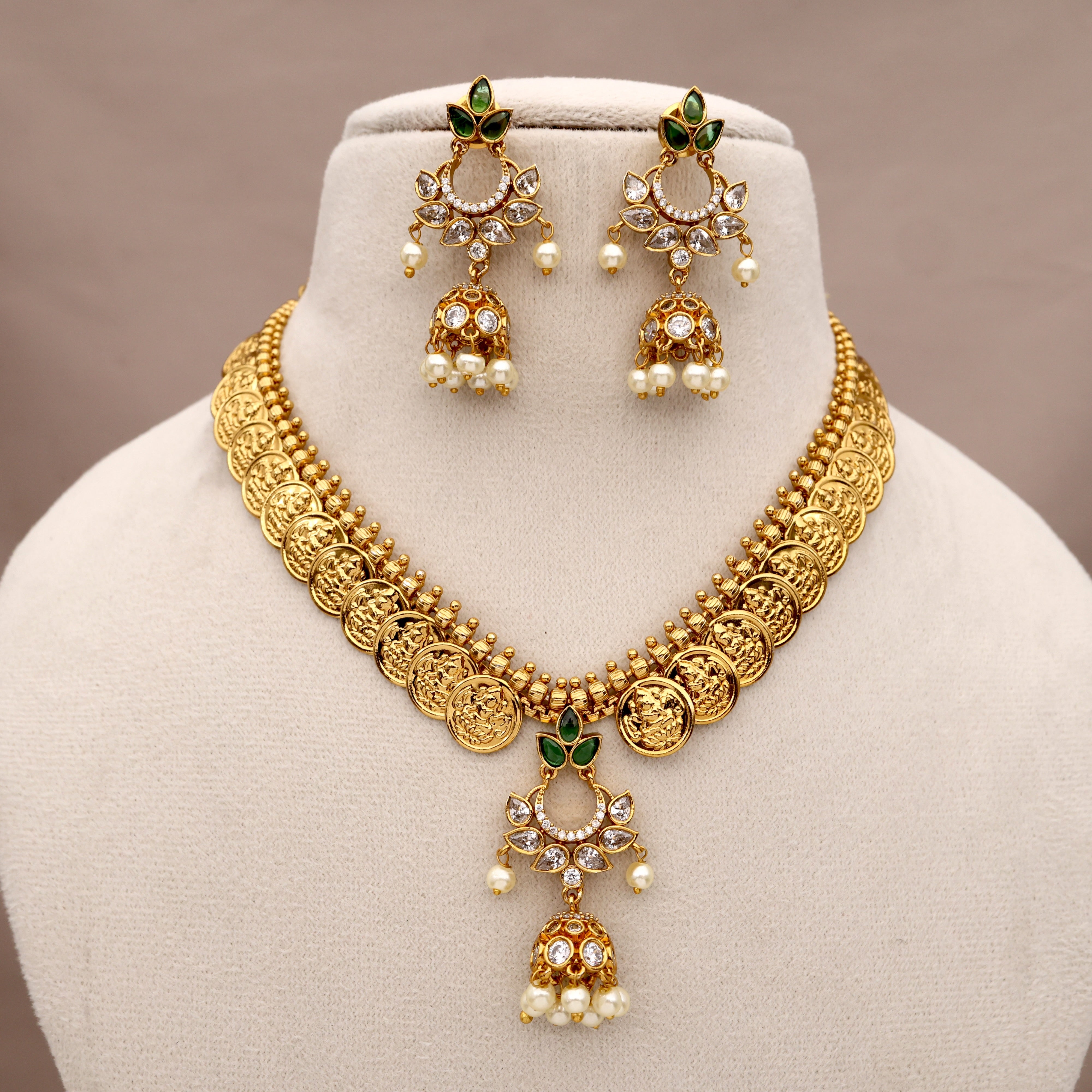 Gold Look Jhumka Pendant Lakshmi Kaasu Necklace Set