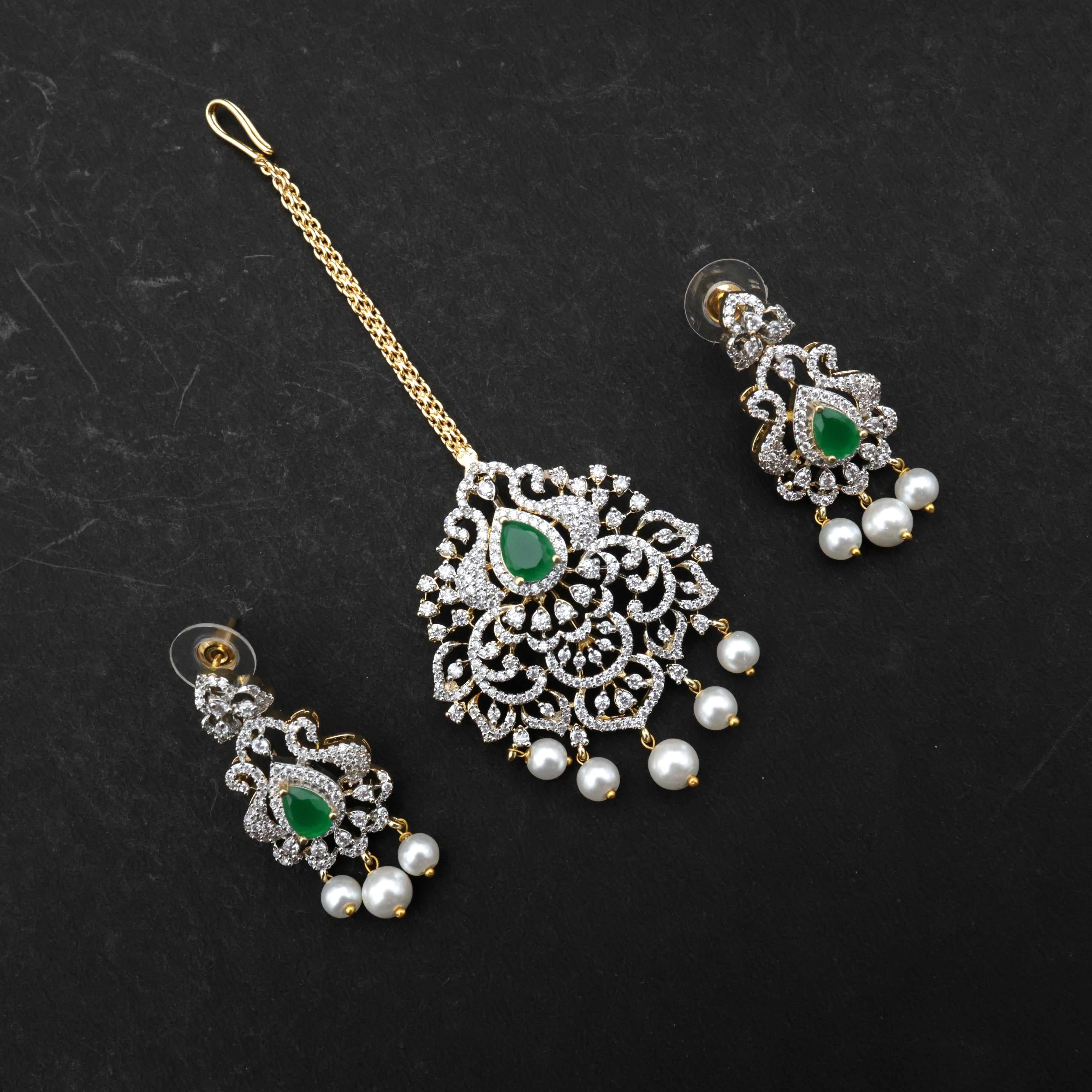 Two In One AD Pendant And Maang Teeka Set - Emerald