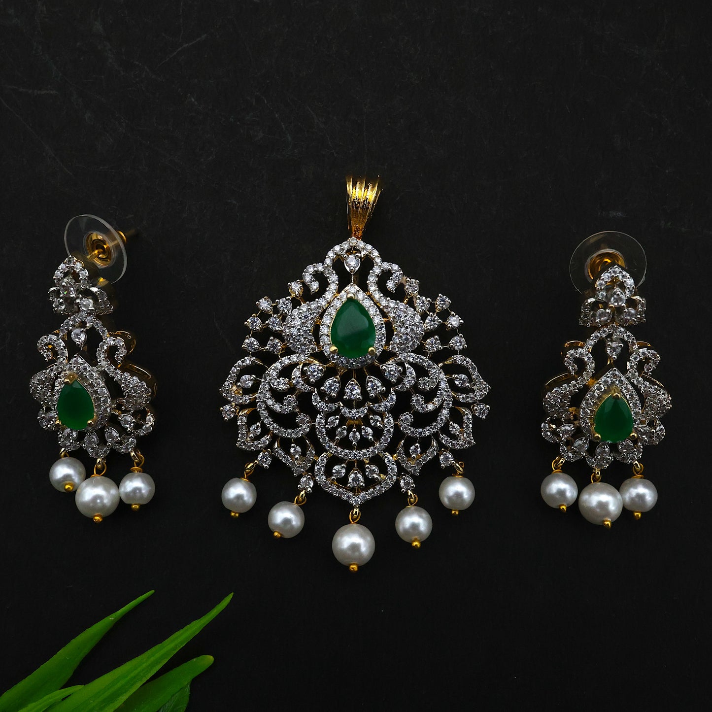 Two In One AD Pendant And Maang Teeka Set - Emerald