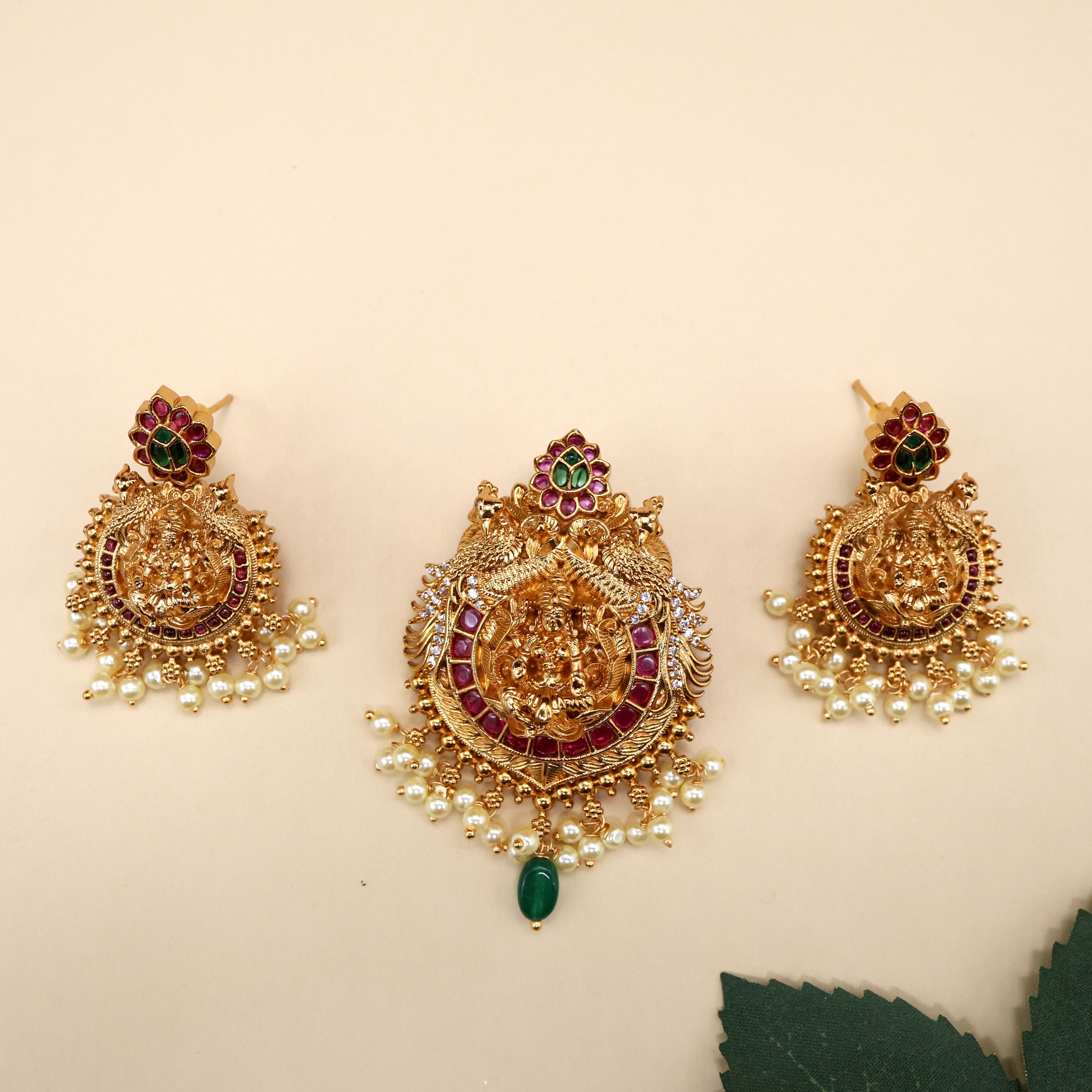 Real Gold Tone Nagas Lakshmi Devi Rettapakshi Pendant Set