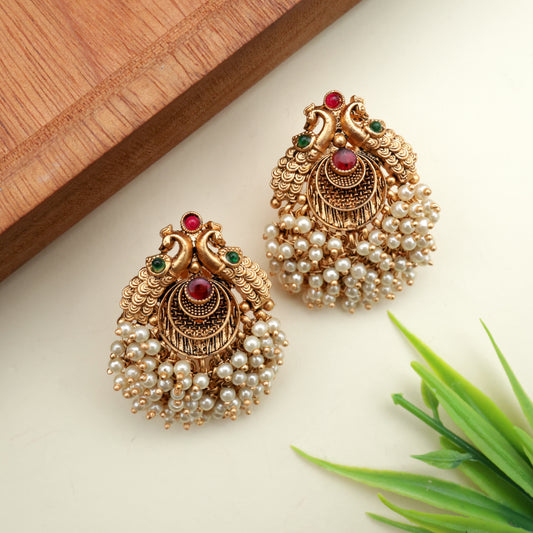 Antique Bunch Beads Kemp Rettapakshi Earrings - Pearl