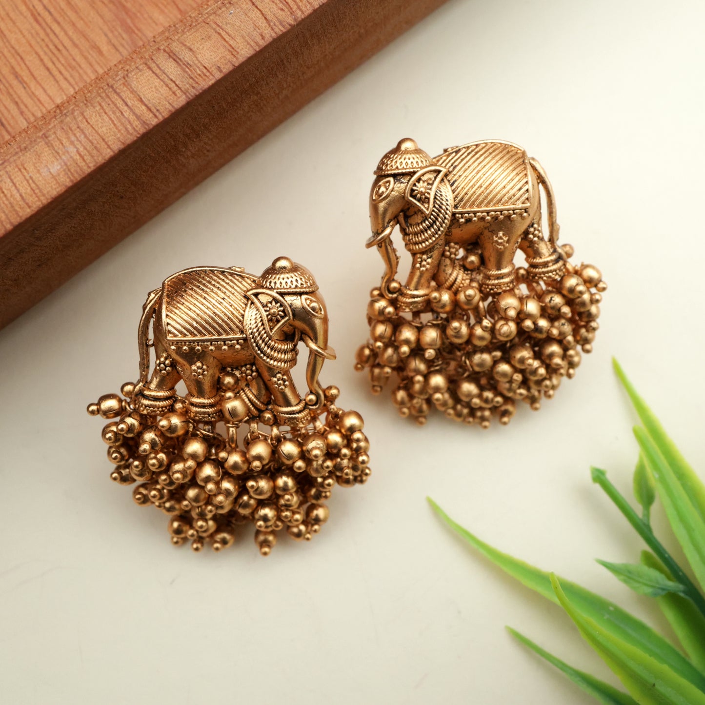 Antique Bunch Beads Kemp Elephant Earrings - Gold