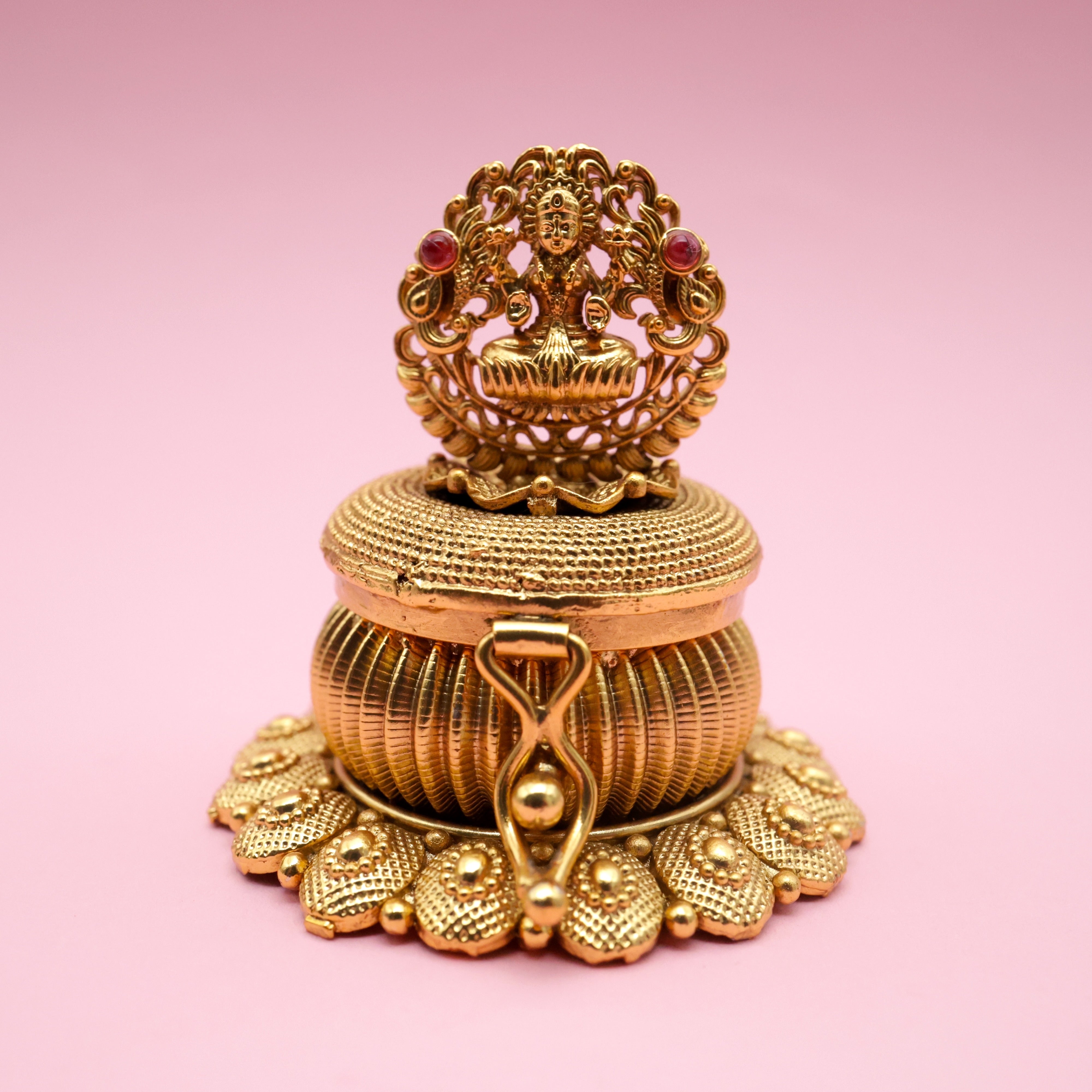 Antique Gold Lakshmi Devi Kemp Round Kumkum Box - Sindoor Dabbi