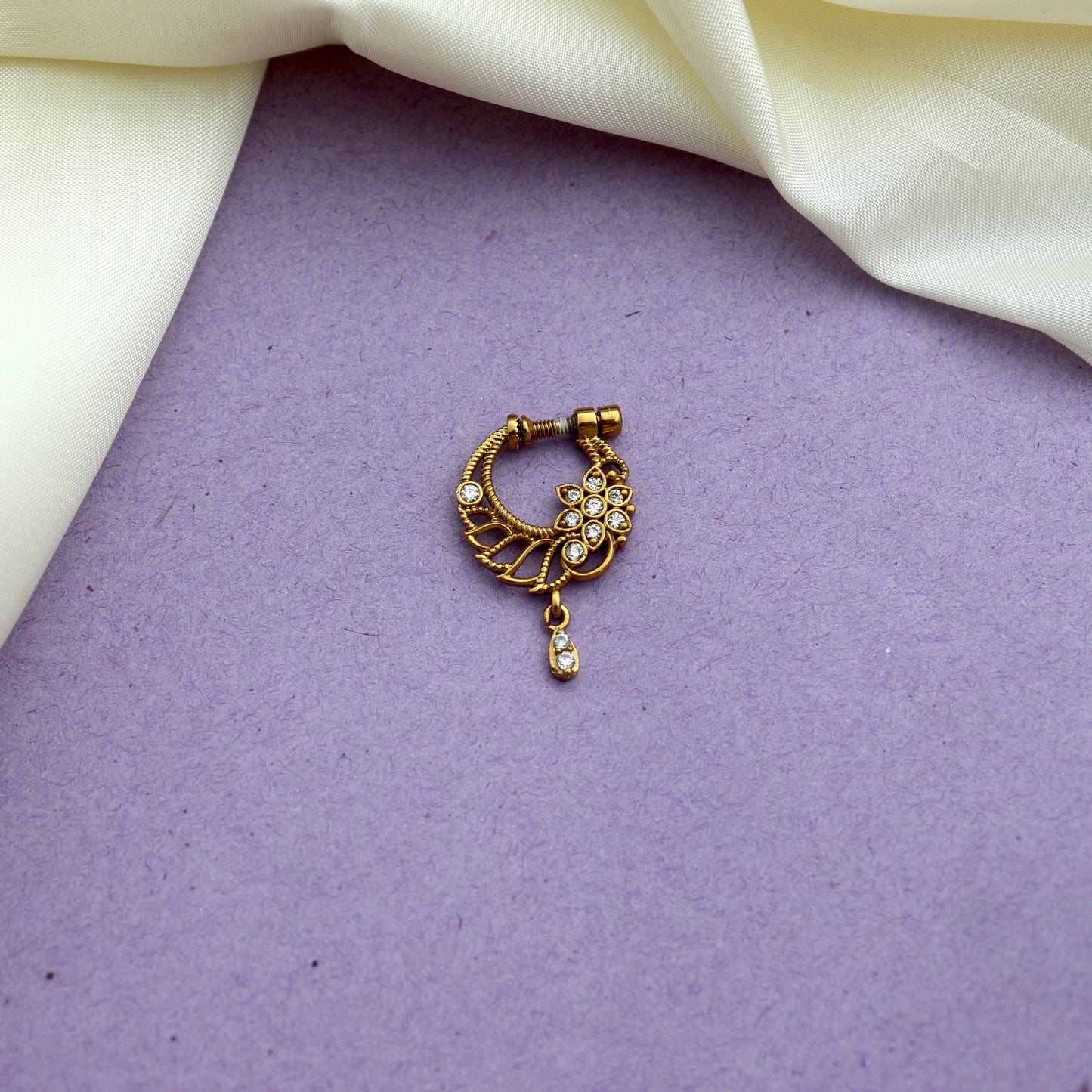 Antique Gold Matte Designer Chaand Flower Bridal Nath Nose Pin