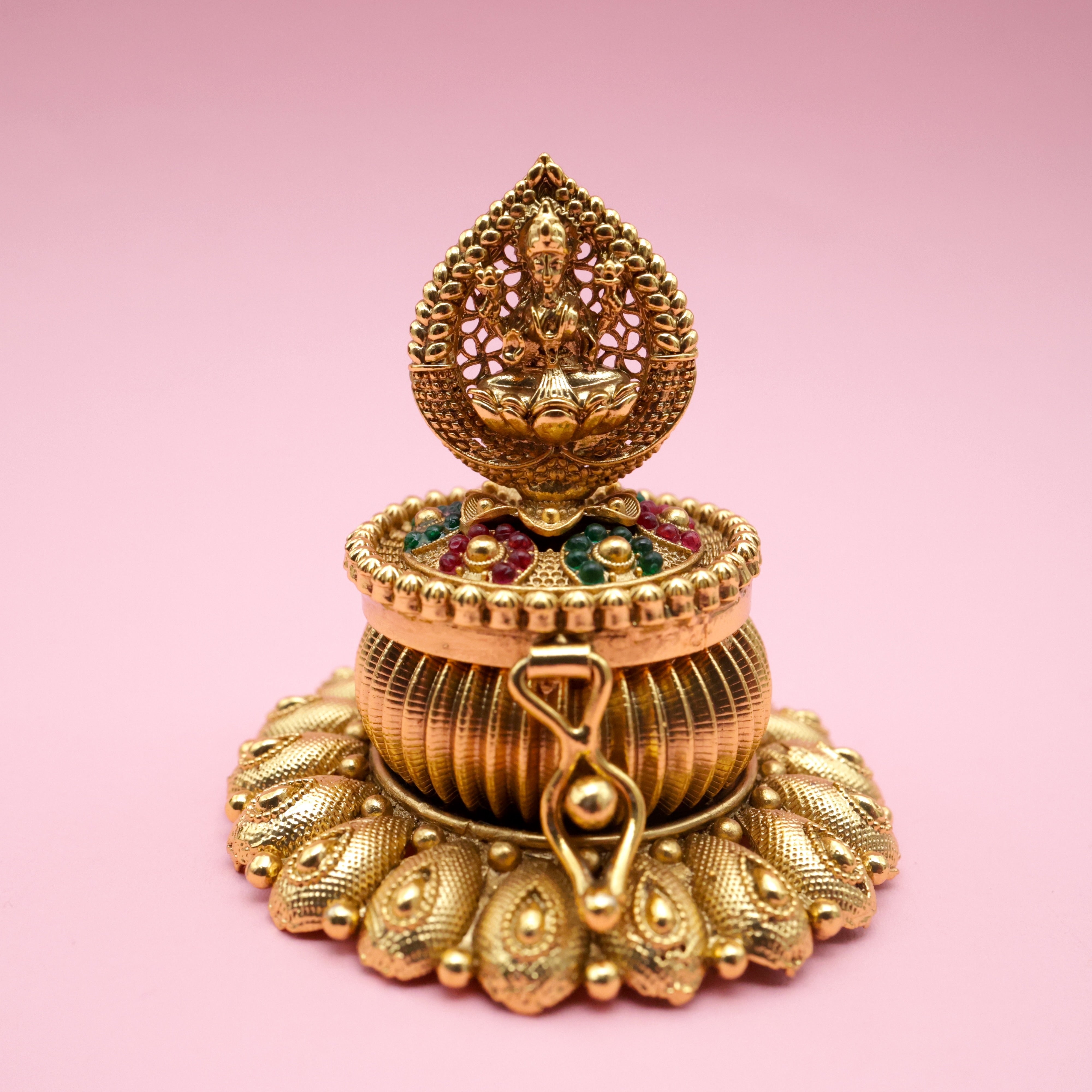 Antique Gold Mahalakshmi Kemp Round Kumkum Box - Sindoor Dabbi